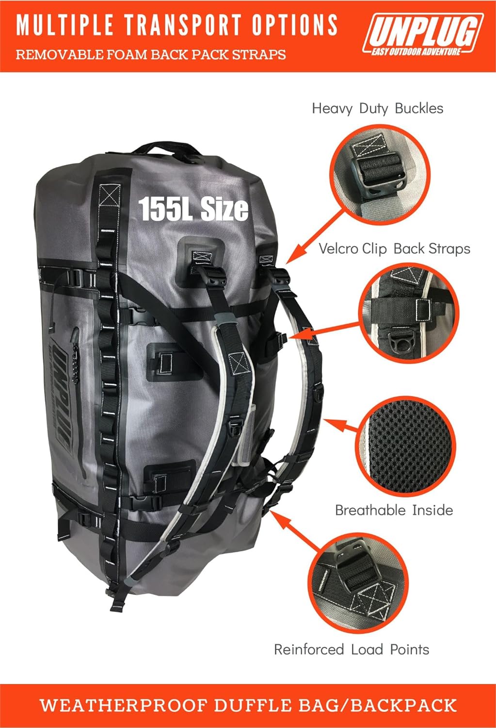UNPLUG Waterproof Bags for Travel -1680D Heavy Duty Waterproof Duffel Bag for Camping, Motorcycle Dry Bag, Hunting Bag, Bug Out Bag, Waterproof Bags for Boating. Tactical Duffle Bag (155L Storm Grey)
