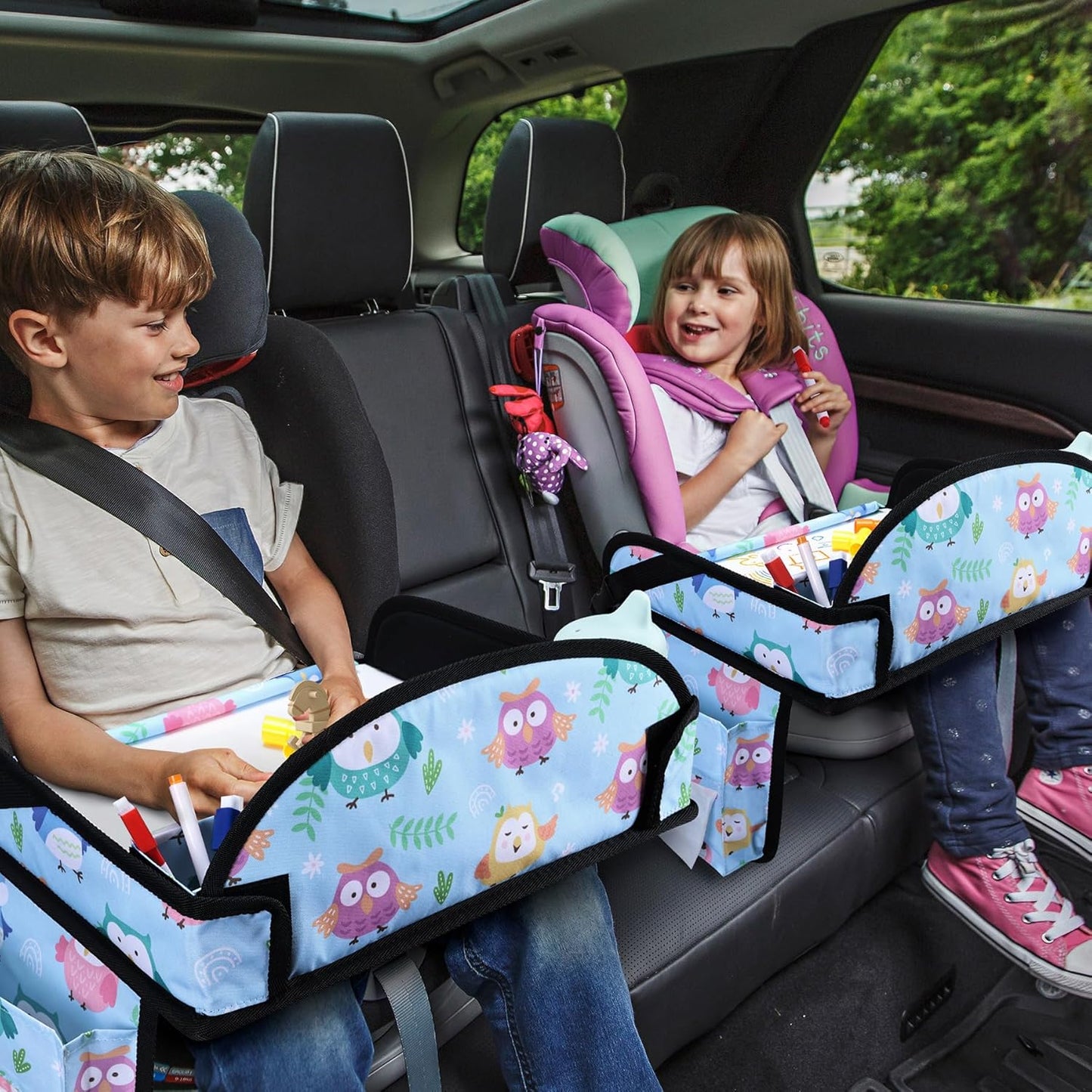 Kids Travel Tray, Car Seat Tray for kids Travel, Toddler Road Trip Essentials With Drawing Kit, Toddler Lap Desk Organizer for Car, Carseat Table for Airplane