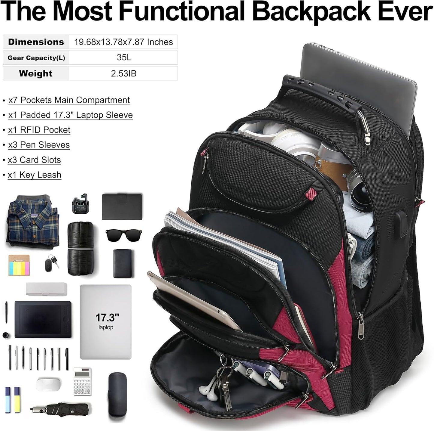 Boavan Laptop Backpack for men, 17.3 inch Laptop Bag with USB Port, Waterproof Travel Work Backpack Purse, Anti-Theft Teacher Nurse Doctor Casual Bookbags Office Business backpack，Black&Russet Red