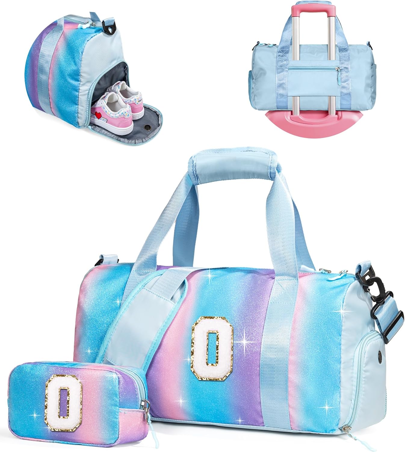 Girls Day Gifts-Girl Gym Bag with Shoe Compartment, Kid Personalized Weekender Overnight Bags, Initial Travel Tote with Makeup Pouch, Gift Ideas for Niece Sister (Letter O)