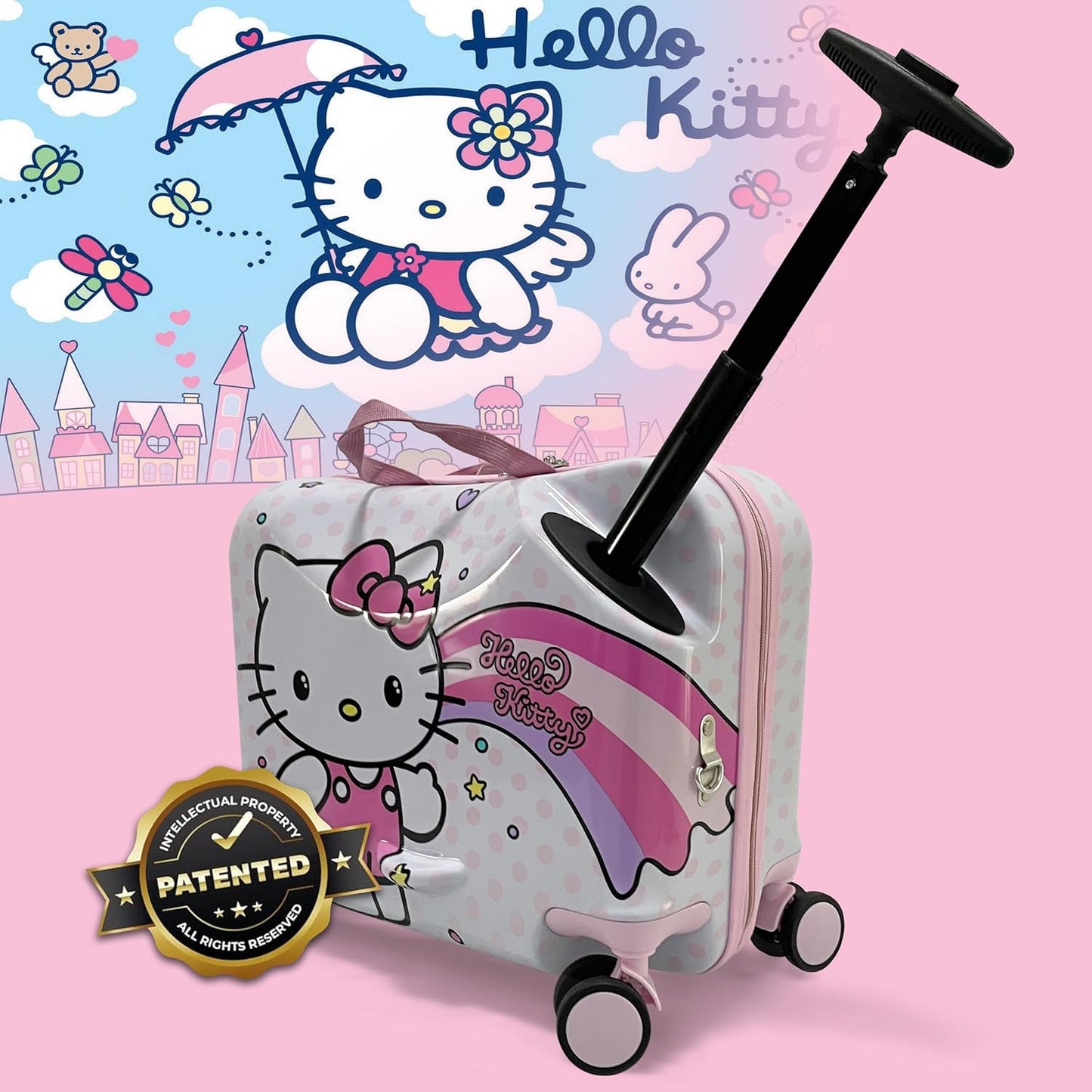 Fast Forward 18" Hello Kitty Kids Ride on Luggage-Hardshell Rolling Travel Suitcase-Lightweight Ride On Suitcase For Kids