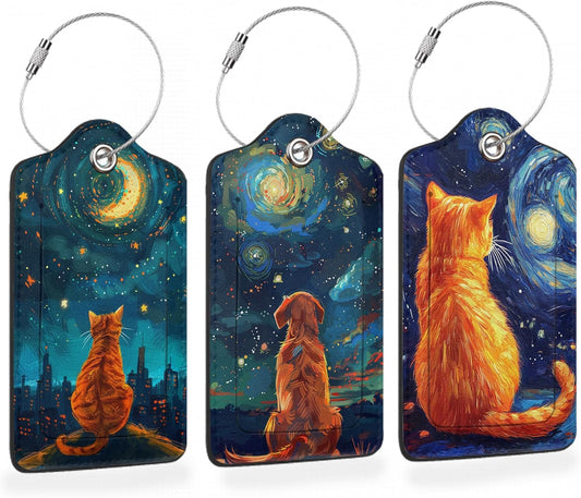 Starry Night Orange Cat 3 Pack PU Leahter Luggage Tag with Stainless Steel Loop, Galaxy Dog Under Stars Travel Suitcase Labels with Privacy Cover ID Label Quickly Spot for Bags