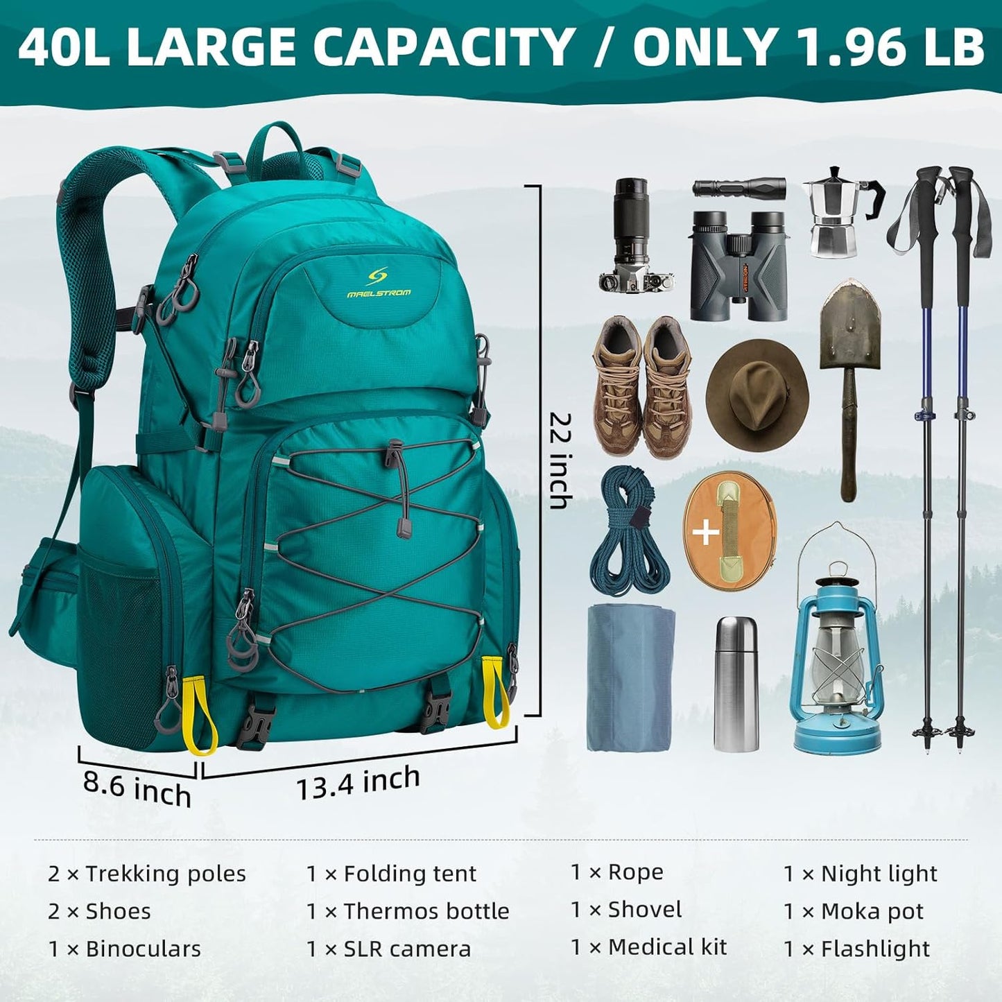 Maelstrom Hiking Backpack,40L Waterproof Camping Backpack,Men Women Packable Hiking Daypack with Rain Cover,Lightweight Travel Backpack-Green