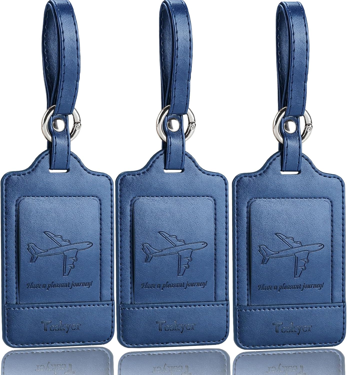 Teskyer Luggage Tags, 3 Pack Premium PU Leather Luggage Tags for Suitcases, Privacy Protection Travel Bag Tags, Blue
