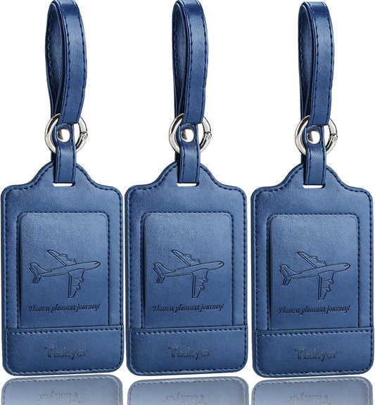 Teskyer Luggage Tags, 3 Pack Premium PU Leather Luggage Tags for Suitcases, Privacy Protection Travel Bag Tags, Blue
