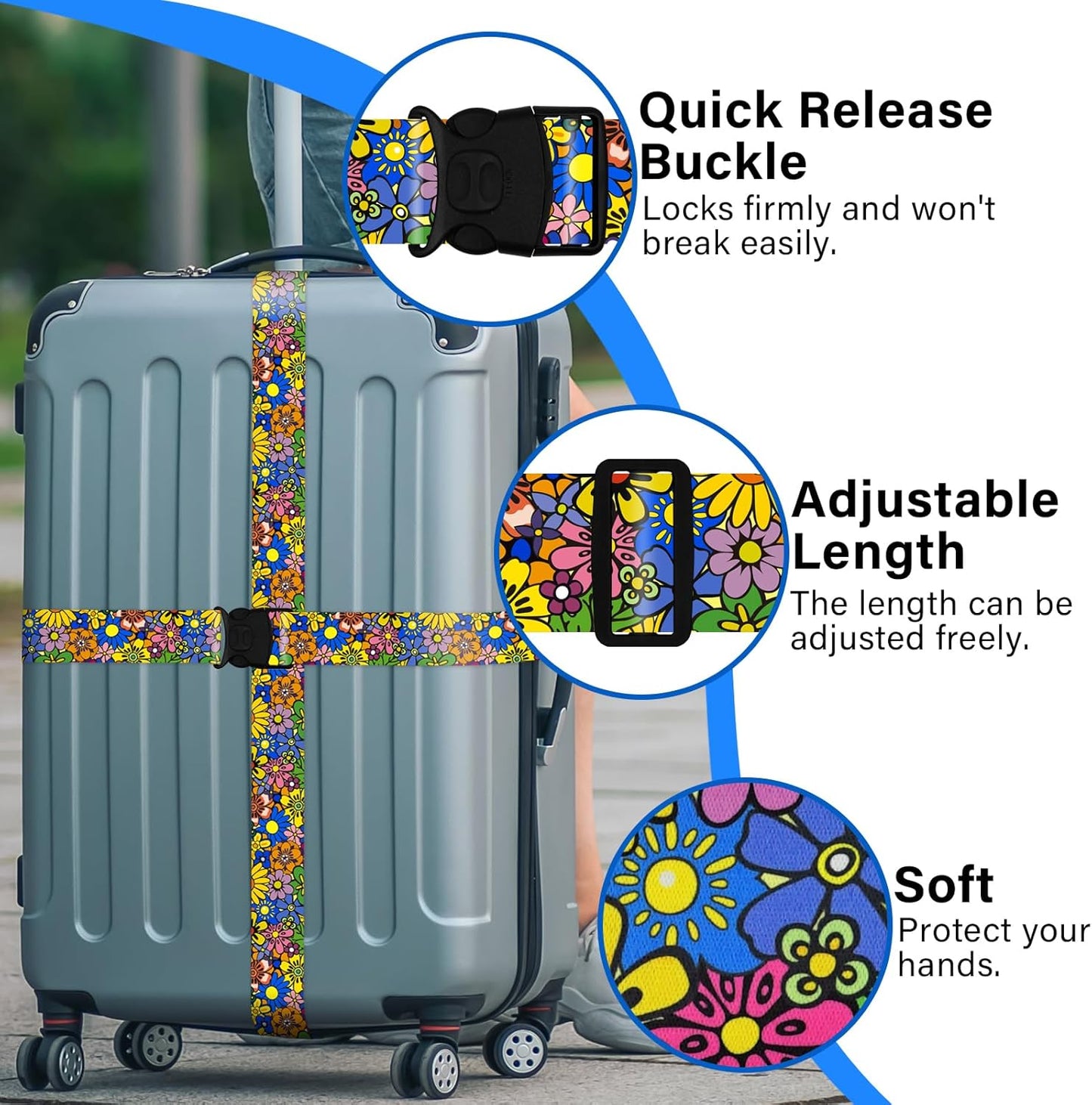 2 Pack Luggage Straps for Suitcases, Adjustable Travel Belt with Double Lock and Quick Release Buckle, Heavy Duty Nylon Bag Packing Strap, Bright Identifiers Business Travel Accessories-Sun Flowers