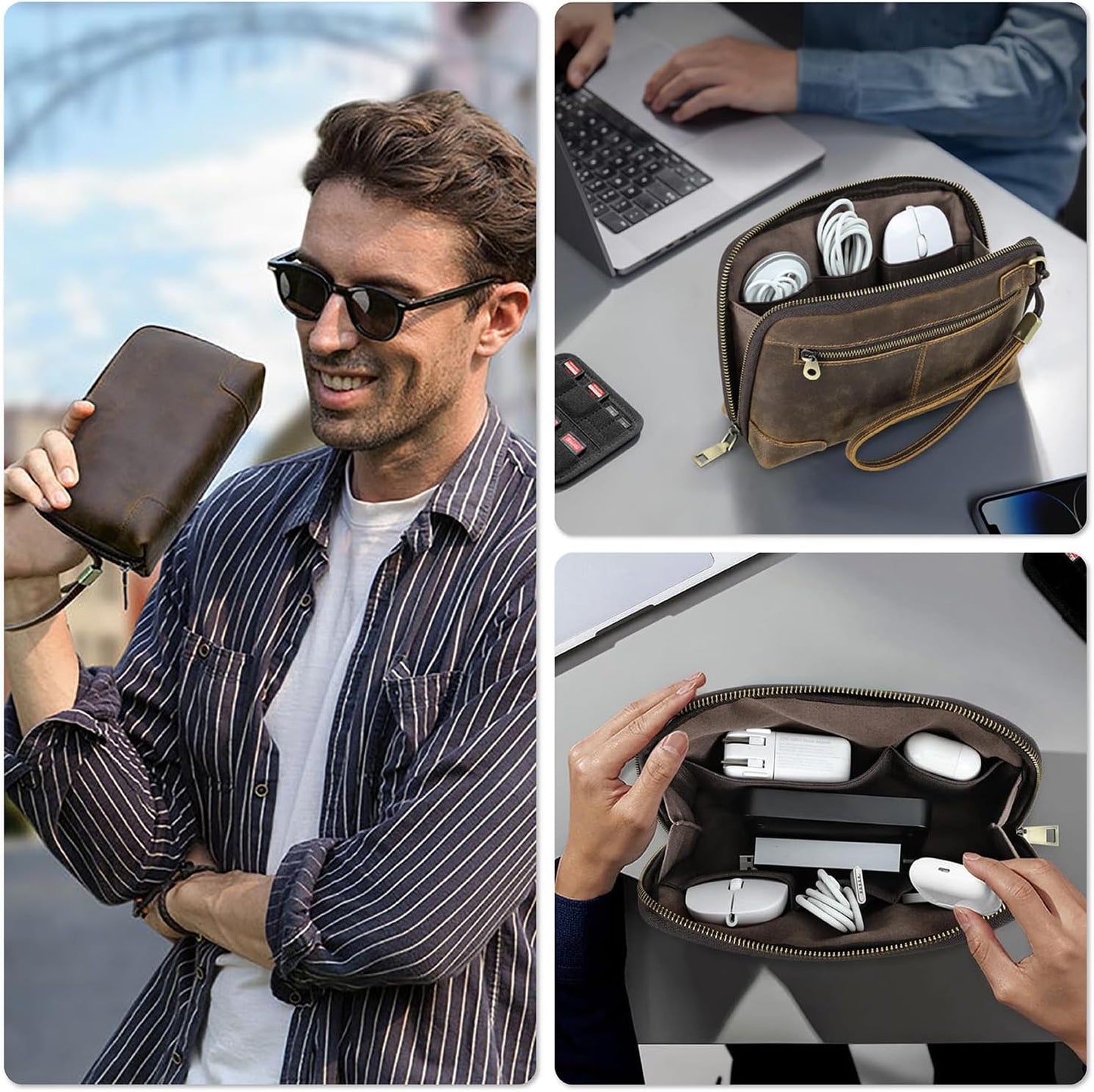 Electronic Organizer Zipper Bag Tech Pouch, Top Grain Leather Handmade, Portable Compact Travel Storage Cases Fits Apple Accessories, Phone, USB Cables, Power Banks, Chargers, Hard Drive