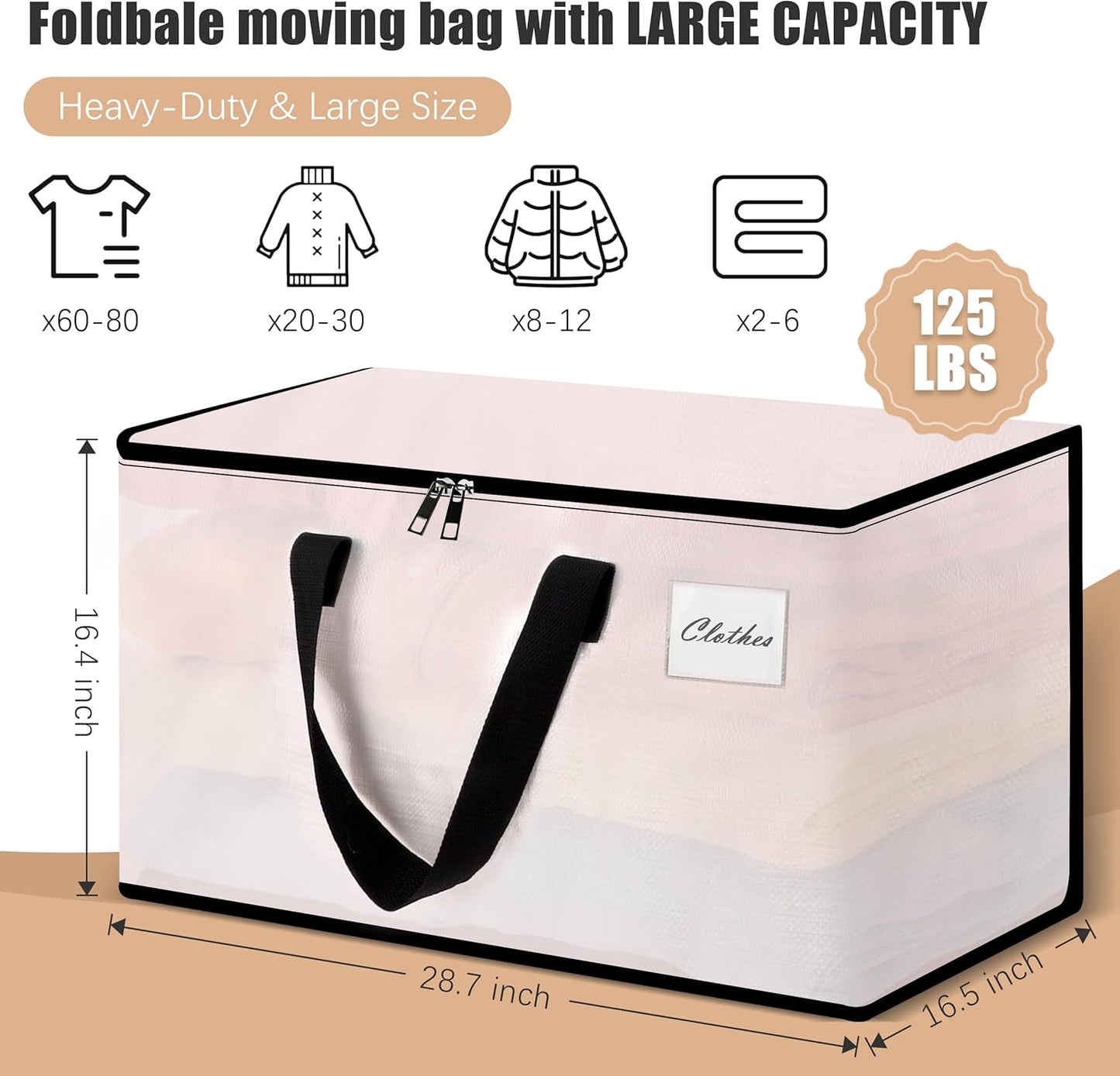 Heavy Duty Moving Bags - Extra Large Packing Bags and Storage Totes, Collapsible and Foldable Option for Moving and Storage, Multicolored, 125 L - 6 Pack