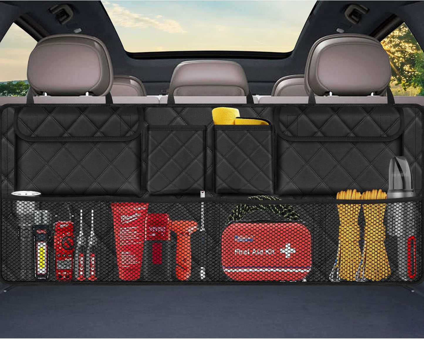 Femuar Car Trunk Organizer, Large Capacity Backseat Trunk Organizer (42"*18"), Collapsible Car Storage Bag with 8 Pockets, SUV/MPV/Truck - Black
