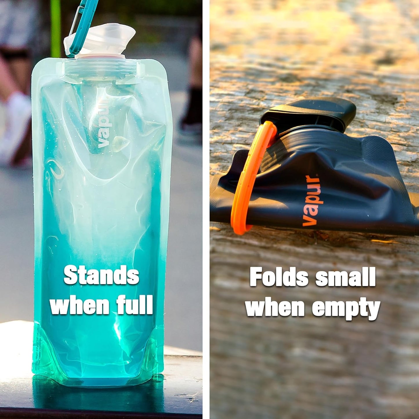 Vapur Collapsible Water Bottle With Carabiner, Compact Bottle Folds Flat For Hydration On The Go, Ideal for Traveling, Hiking or Camping, 34 Ounce, Blackout, Pack of 2