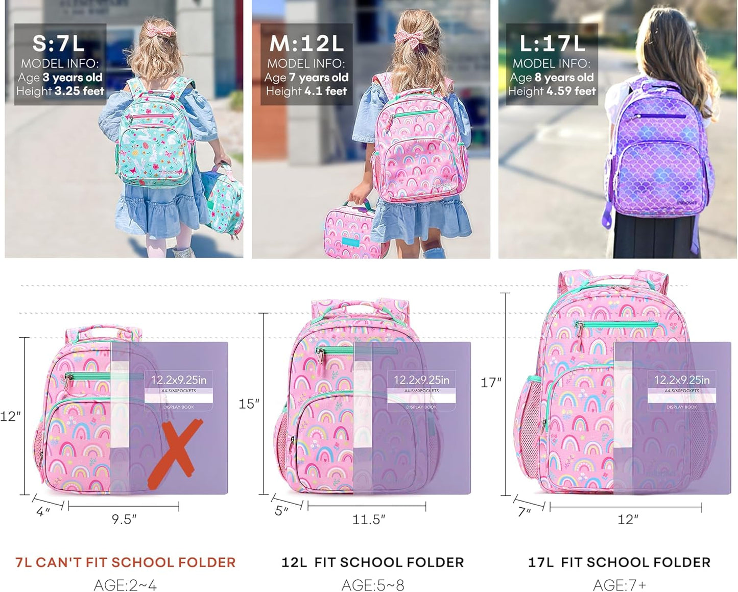 mibasies Girls Backpack 5-8: Lightweight Kids Backpacks for Girls - Girl Bookbag for Elementary School - Mermaid Tail Purple