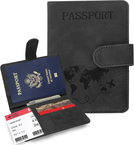 Passport Holders, RFID Blocking Credit Card Holder, PU Leather Vaccine Card Holders for Travel with Magnetic Buckle, Travel Must Haves Cruise Ship Essentials for Men, Women (Black)