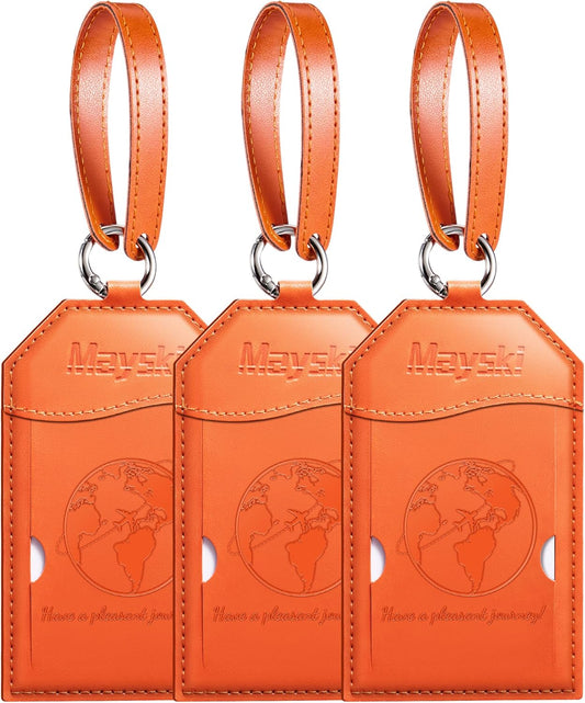 Mayski Luggage Tags for Suitcases 3 Pack Suitcase Bag Tags, TSA Approved, Metal Buckle, Bag Tags with Name ID Card Travel Essentials, Orange Global