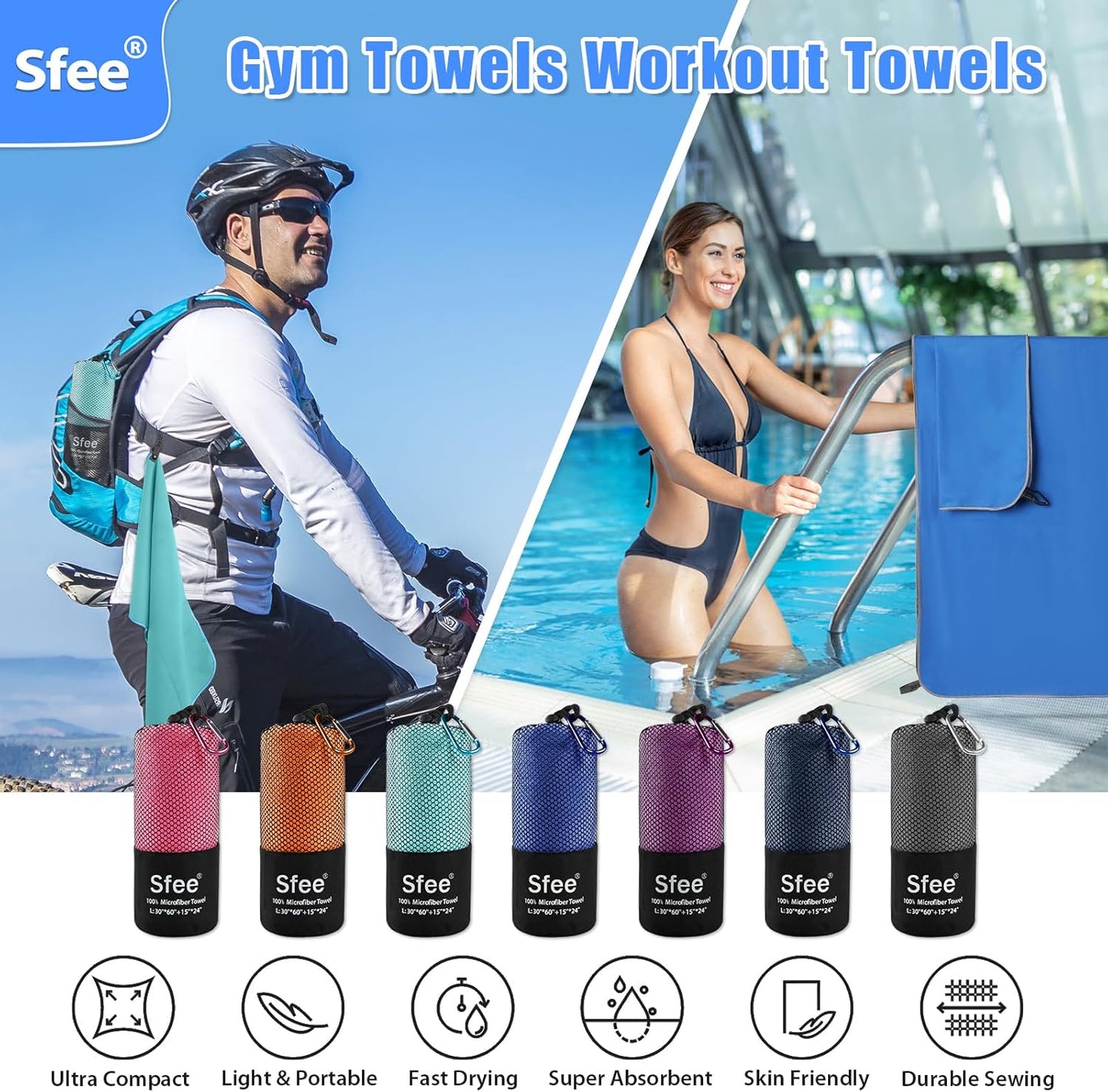 Sfee 2 Pack Microfiber Travel Towel, Quick Dry Camping Towel Super Absorbent Compact Lightweight Sports Towel Swim Gym Towels Set for Gym, Hiking, Pool, Backpacking, Bath, Yoga
