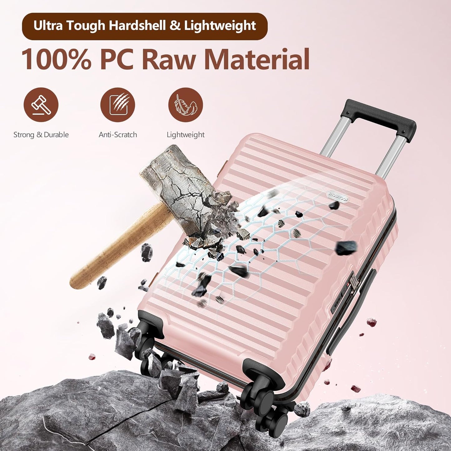 SHOWKOO Suitcase Hardside Expandable Luggage Set, Suitcase with Double Spinner Wheels TSA Lock 3 Piece Set Pink (DB/TB/28in)