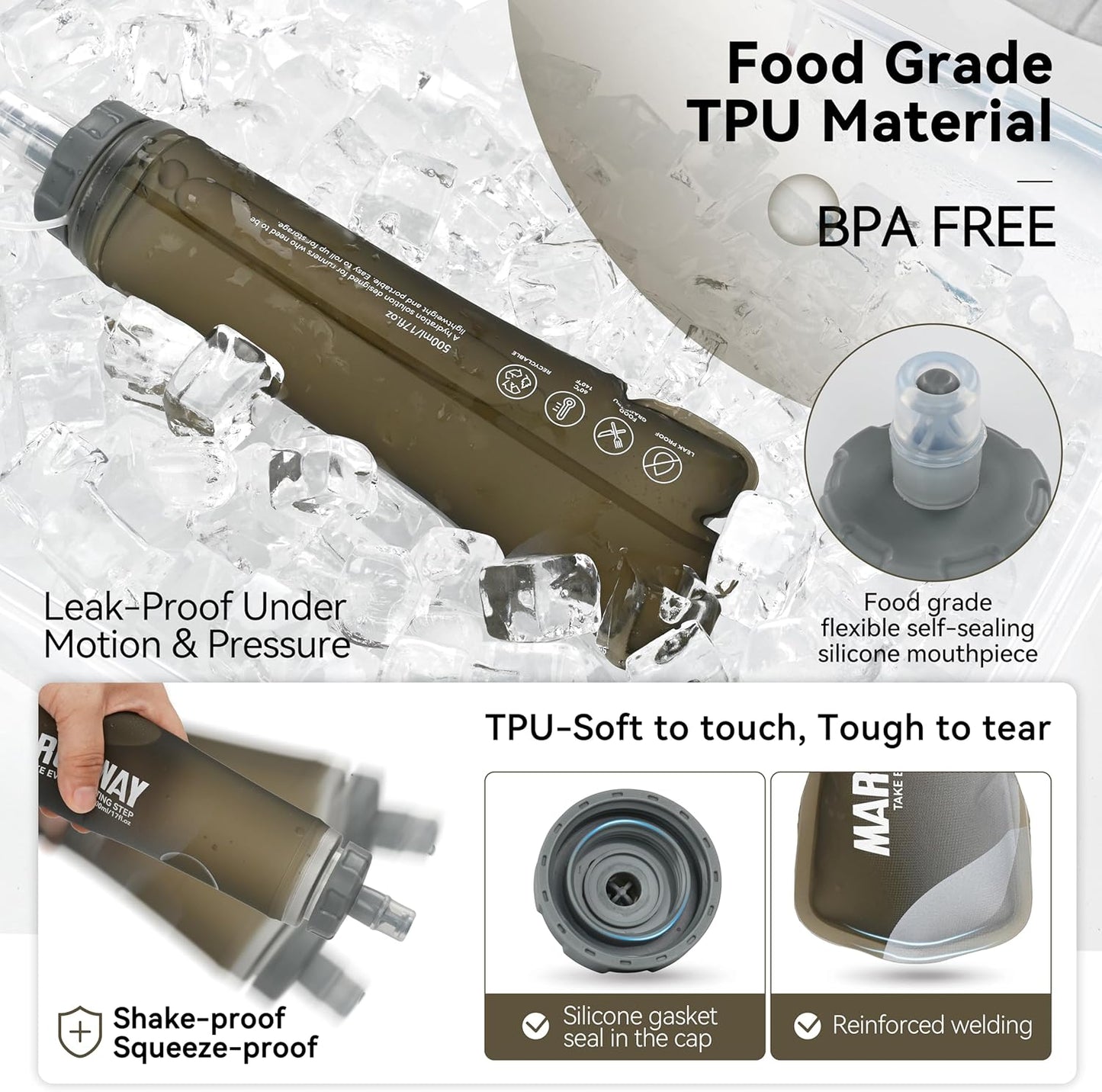 MARCHWAY Soft Hydration Flask with Wide Mouth, 300ml/500ml Collapsible TPU Water Bottle, Leakproof Portable Flexible for Running, Hiking, Cycling, Climbing, Gym, Travel (2pcs Grey 300ml)