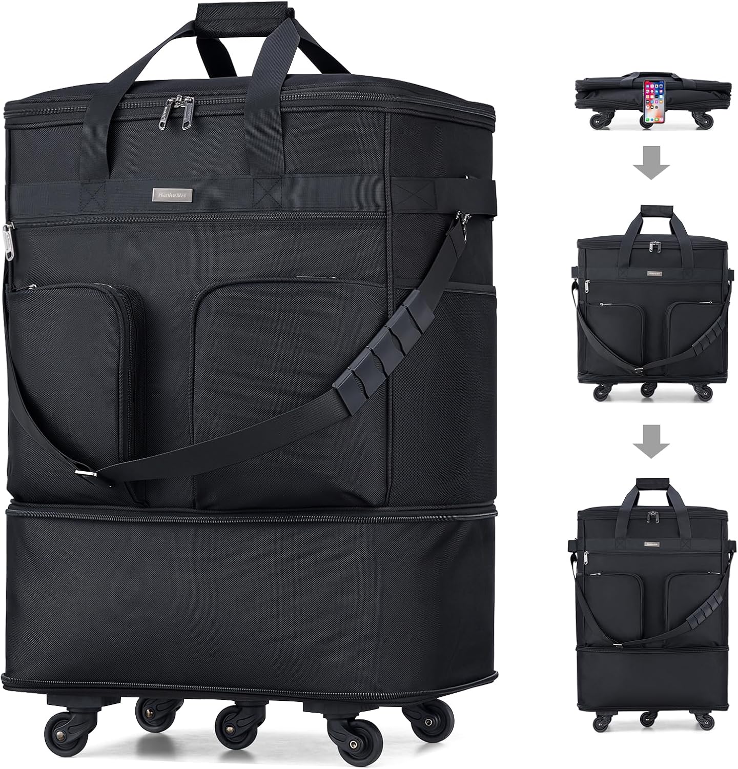 Hanke Expandable Collapsible Luggage with Wheels Suitcase Luggage Rolling Travel Bag Duffel Bag for Men Women Lightweight Suitcase Large Capacity Luggage with Spinner Wheel (Black)