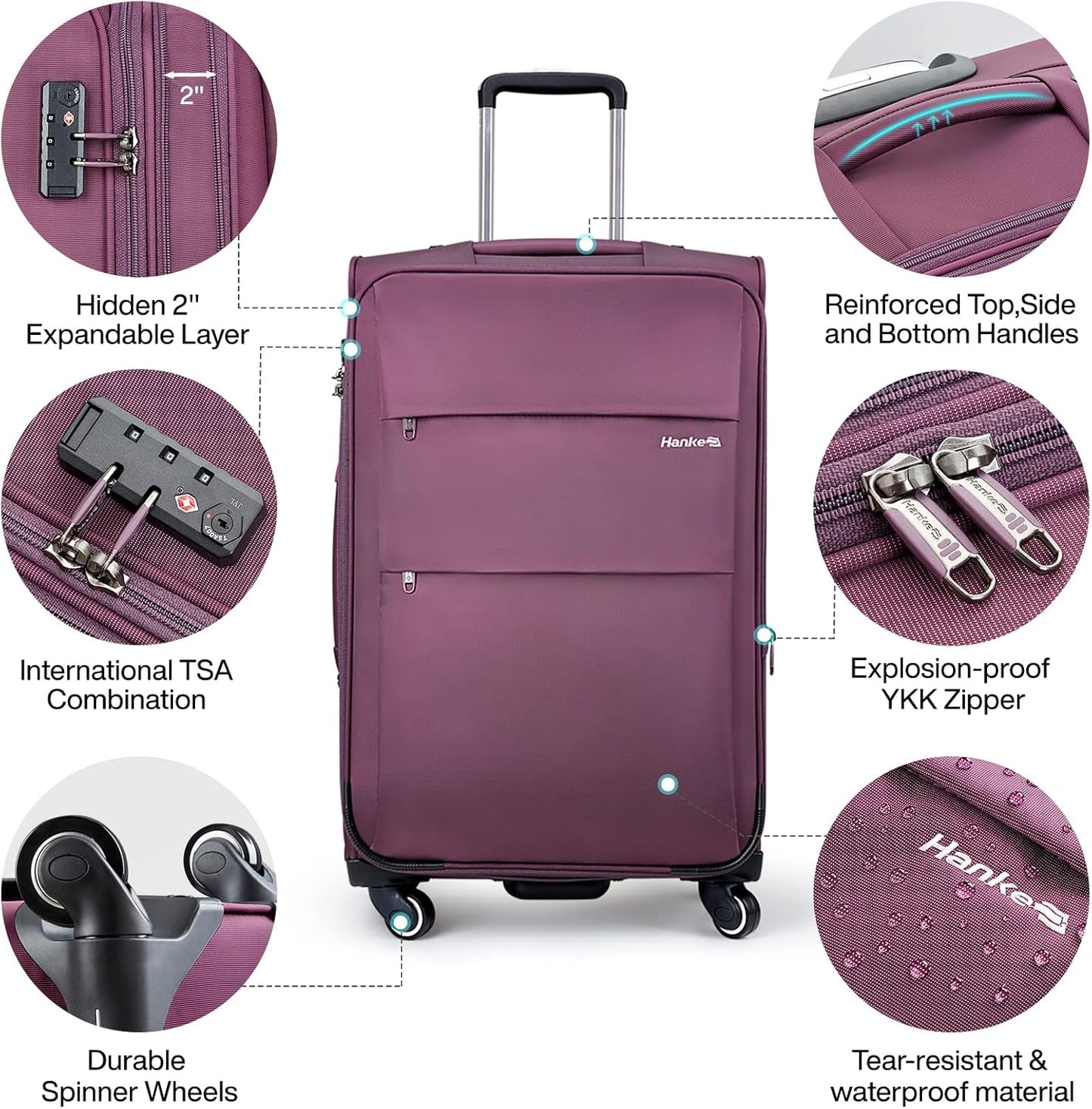 Hanke 20 Inch Expandable Carry On Luggage 22x14x9 Airline Approved Softside Suitcases with Wheels Lightweight Travel Luggage Rolling Suitcase with Lock for Men and Women.(Purple)