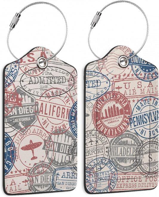 Set of 2 Luggage Tags for Suitcases, Leather Passport Travel Stamps Baggage Tags with Stainless Steel Loop, Privacy Name ID Card Cover Kawaii Travel Labels for Women Men Kids Girls