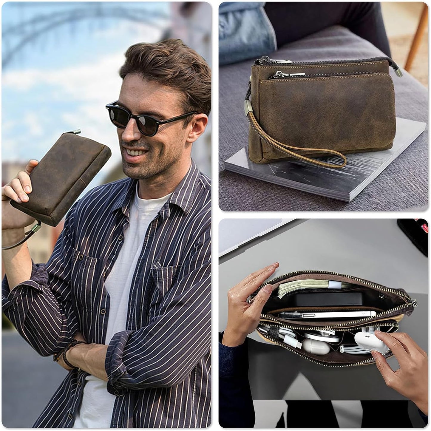 Electronic Organizer Zipper Bag Tech Kit, Top Grain Leather Handmade, Portable Compact Travel Apple Accessories Storage Pouch Fits Phone, USB Cables, Power Banks, Chargers, Hard Drive