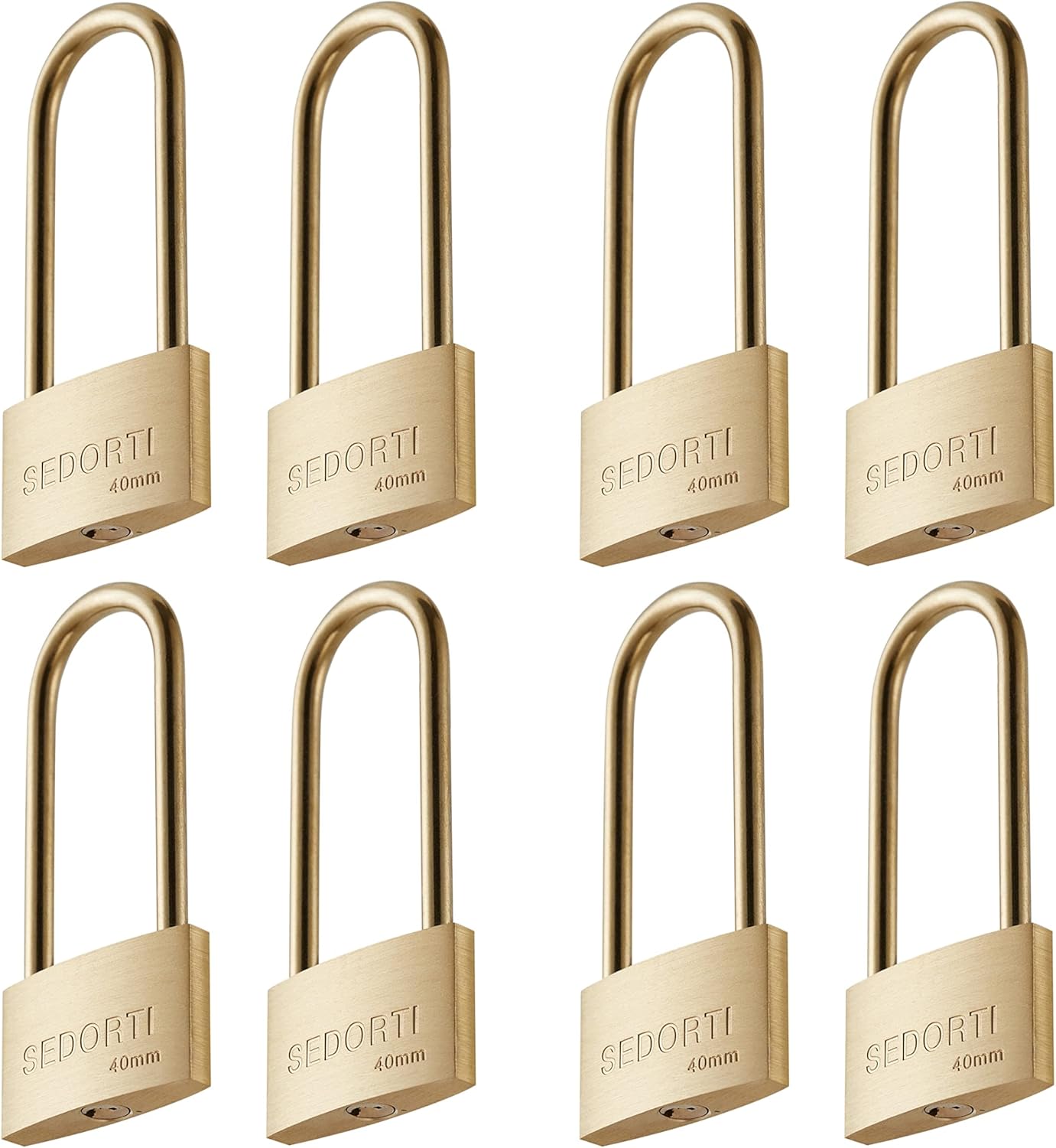 Weather Proof Lock, Keyed Alike Solid Brass Padlocks with Long Brass Shackle, Light Duty, 1-1/2" Wide Body, Marine Padlock, Anti Rust Lock, 8 Pack