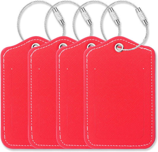 Luggage Tags for Suitcases-Leather Luggage Tag 4 Pack with Loops Cute Bag/Backpack/Suitcase Tags Travel Essentials for Flying (Red)