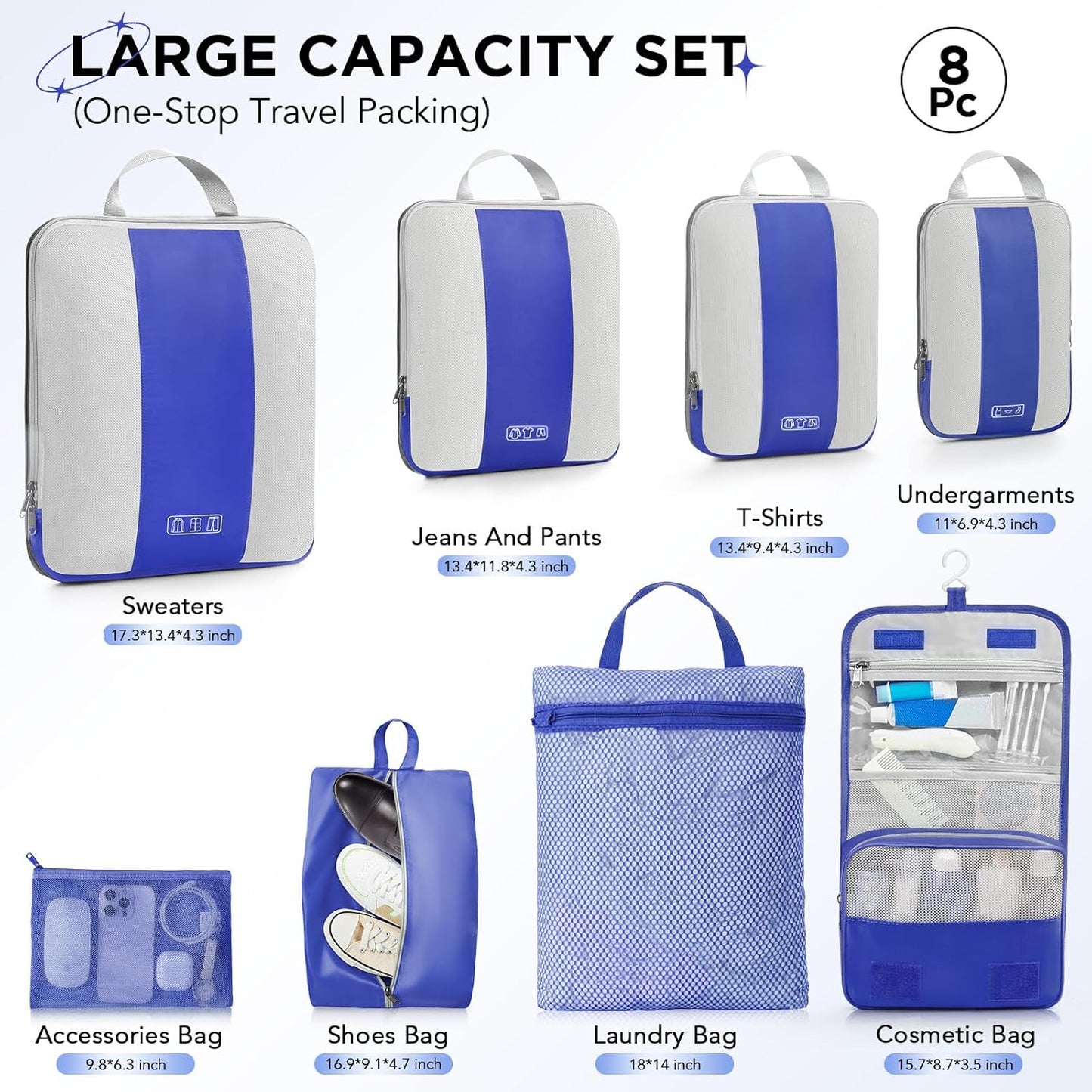 8 Set Compression Packing Cubes for Travel Essentials,Compressible Expandable Packing Cubes for Suitcase,OlarHike Luggage Organizer Bags for Travel,Handy Helper for Organizing Clothes(Klein Blue)