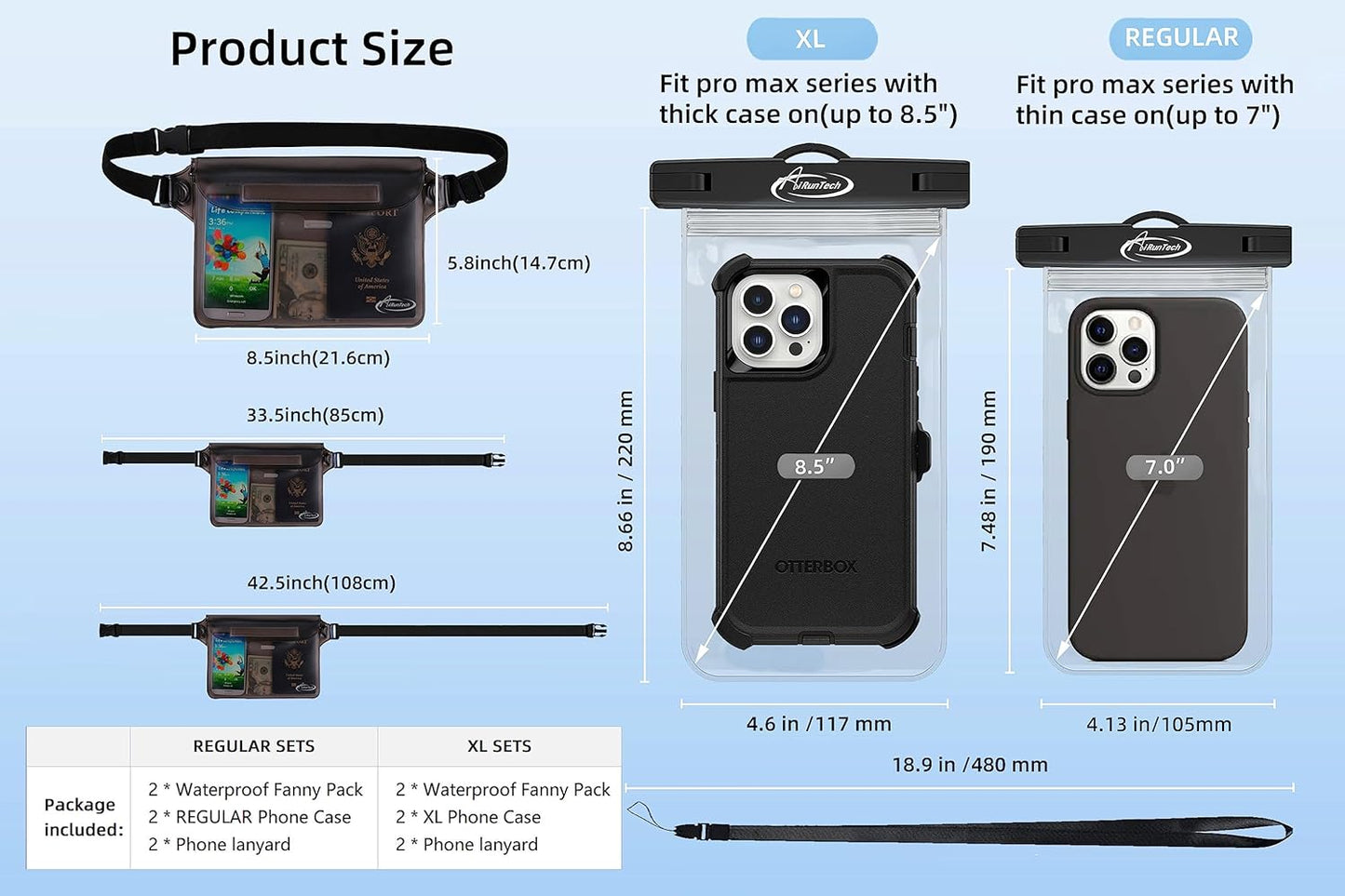 AiRunTech Waterproof Cell Phone Bag - 4 Pack Clear Pouches for Outdoor Activities - Universal Fit for iPhone and Other Devices - 2 Phone Cases + 2 Fanny Packs