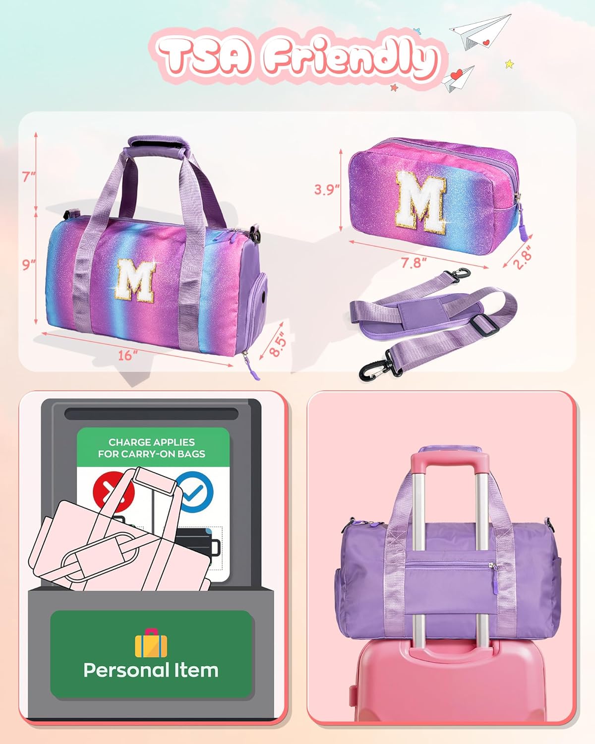 Daughter Birthday Gifts-Girl Gym Bag with Shoe Compartment, Kid Personalized Weekender Overnight Bags, Initial Travel Tote with Makeup Pouch, Graduation Gift for Girls (Letter Y)