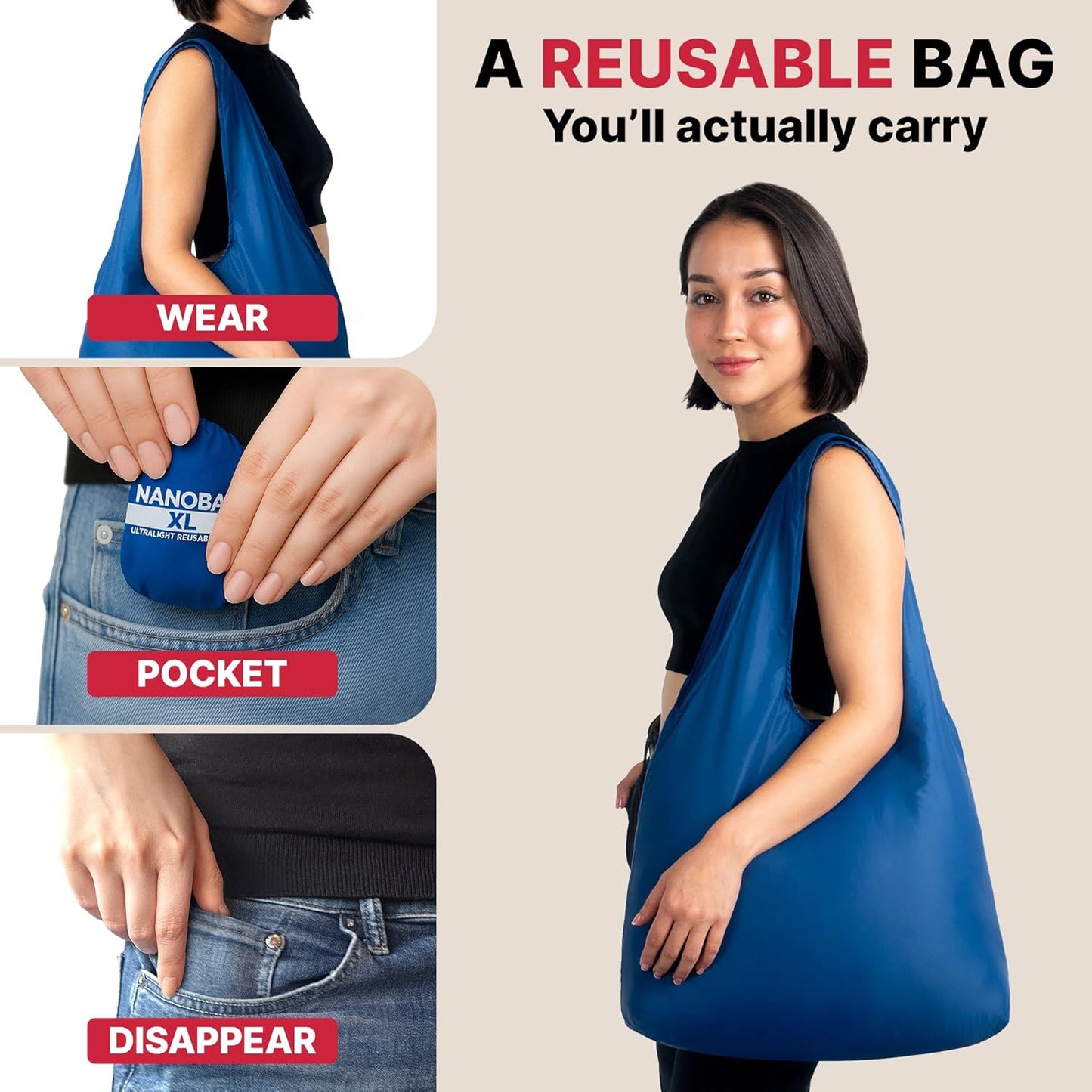 Nanobag Ultra-Lightweight Heavy Duty Foldable Tote for Women & Men, Reusable Grocery & Travel Bag, Packable Collapsible Compact Market Essential (XL Stars)