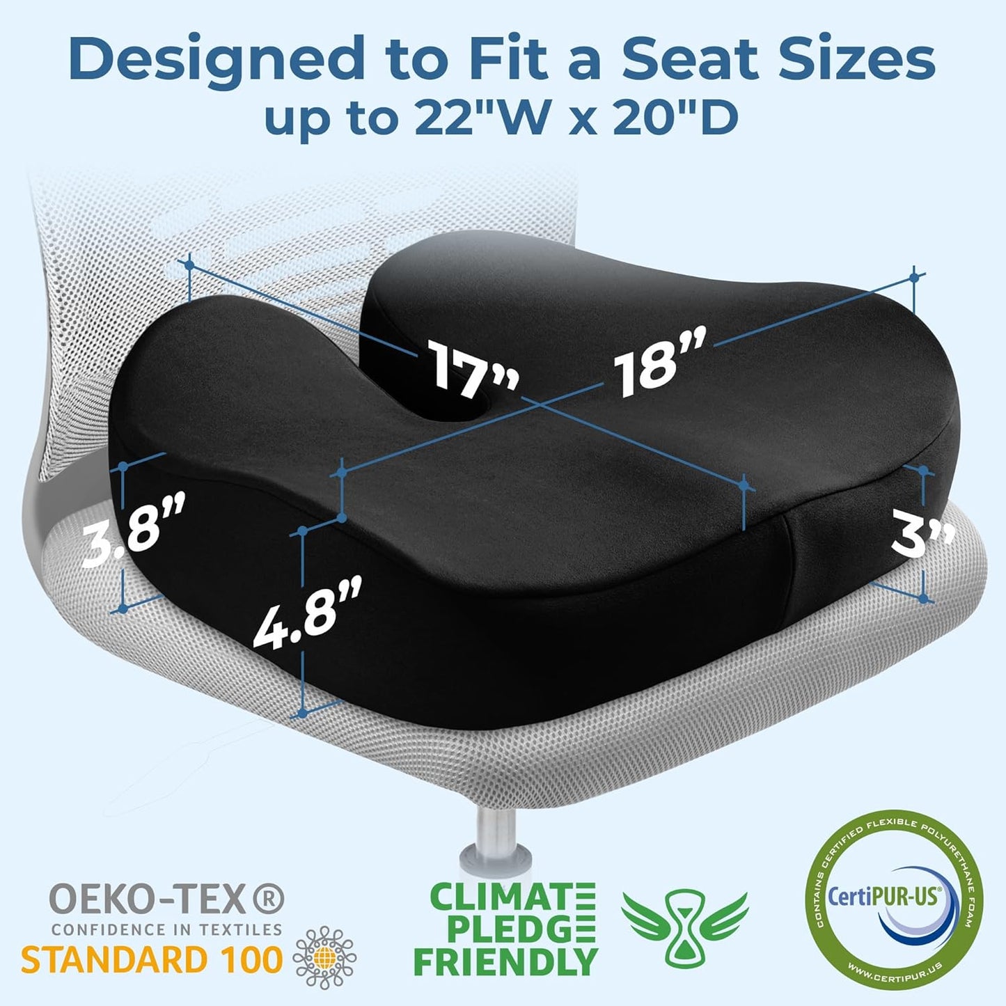 5 STARS UNITED Seat Cushion for Tailbone Pain Relief – Large Memory Foam Cushion for Coccyx, Hip, Sciatica & Post-Surgery Recovery – Wheelchair, Car, Desk, Gaming & Office Chairs, Black