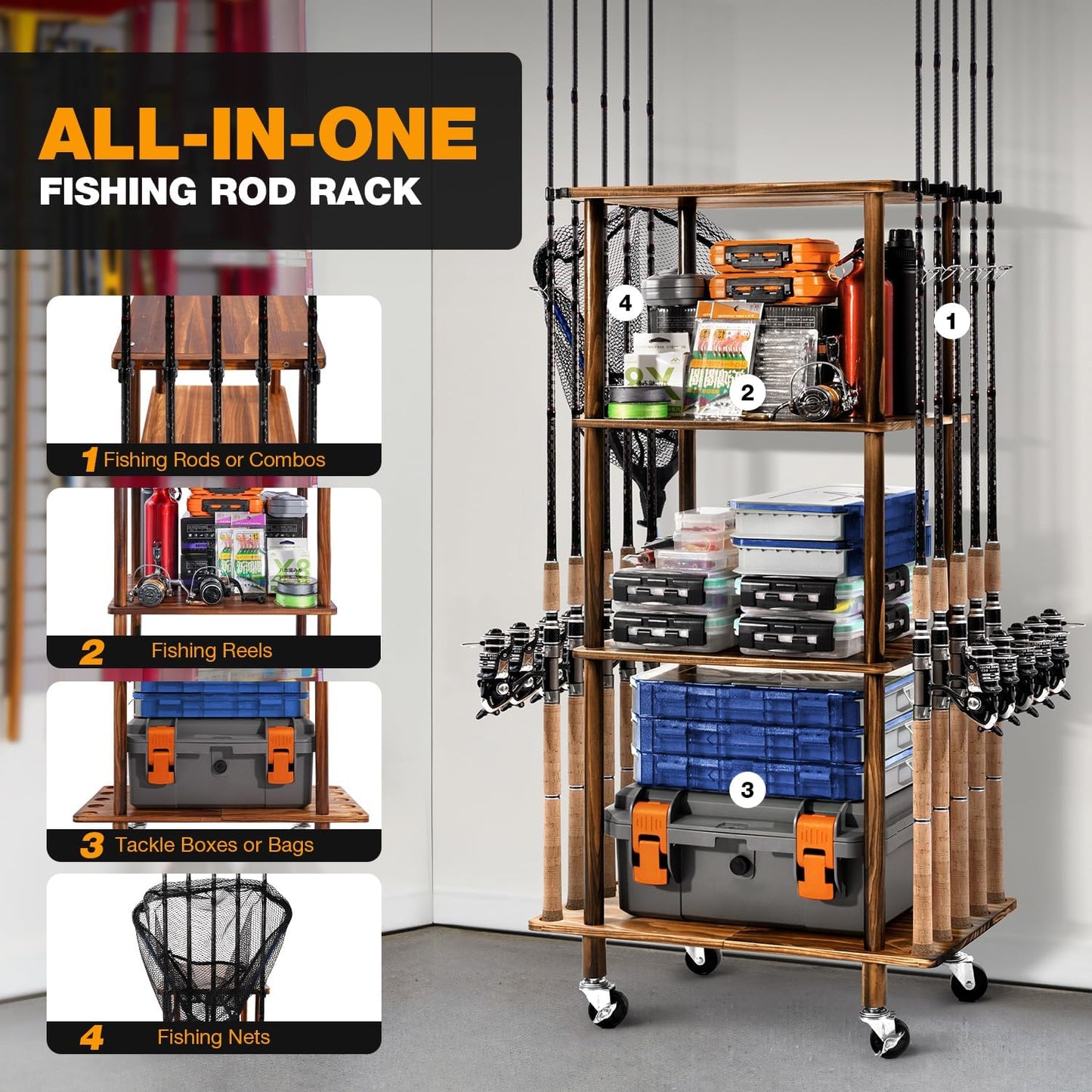 Ghosthorn Fishing Rod Holders for Garage Fishing Pole Rack Hold up to 10 Rods Fishing Pole Holders Wooden Organizer Fishing Rod Rack car Fishing Gear Storage Equipment (4 Tier)