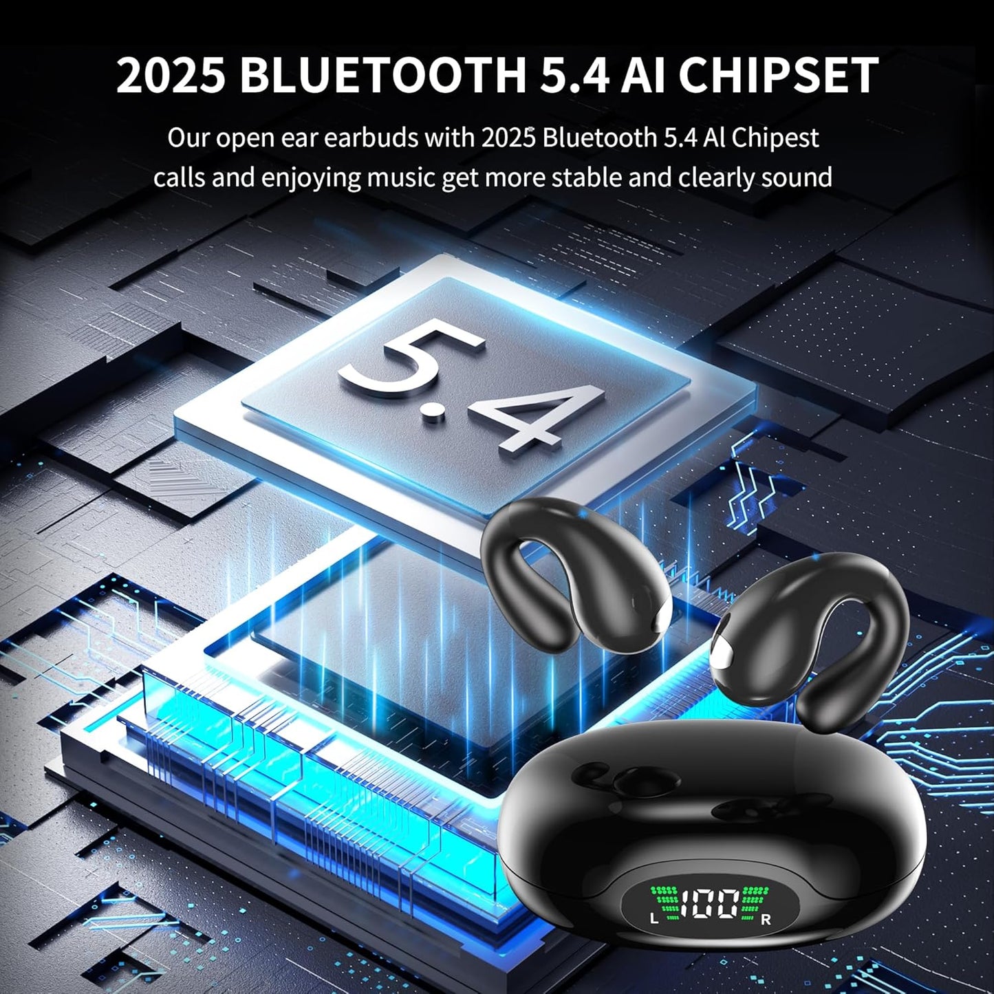 Open Ear Earbuds Wireless Bluetooth 5.4 Earphones, Flexible Clip On Ear buds with 36H Playtime LED Display Bone Conduction Headphones, IPX7 Waterproof Light Weight Earbuds Fit for Every Ear, Sports