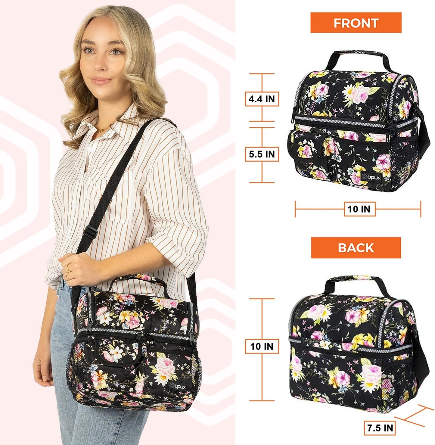 opux Lunch Bag Women Insulated, Adult Lunch Box Cooler, Flower Lunch Box, Dual Compartment Lunchbox for Work, Leakproof Double Decker Lunch Bag, Soft Lunch Pail Tote Girls Kids School, Floral Black