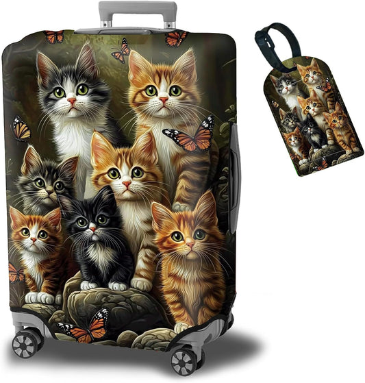 Luggage Cover + Tag, Cats Family Travel Suitcase Protector for 29-30 inch Luggage (XL) with Concealed Zipper, Washable Elastic Cloth, Dustproof, Anti-Scratch