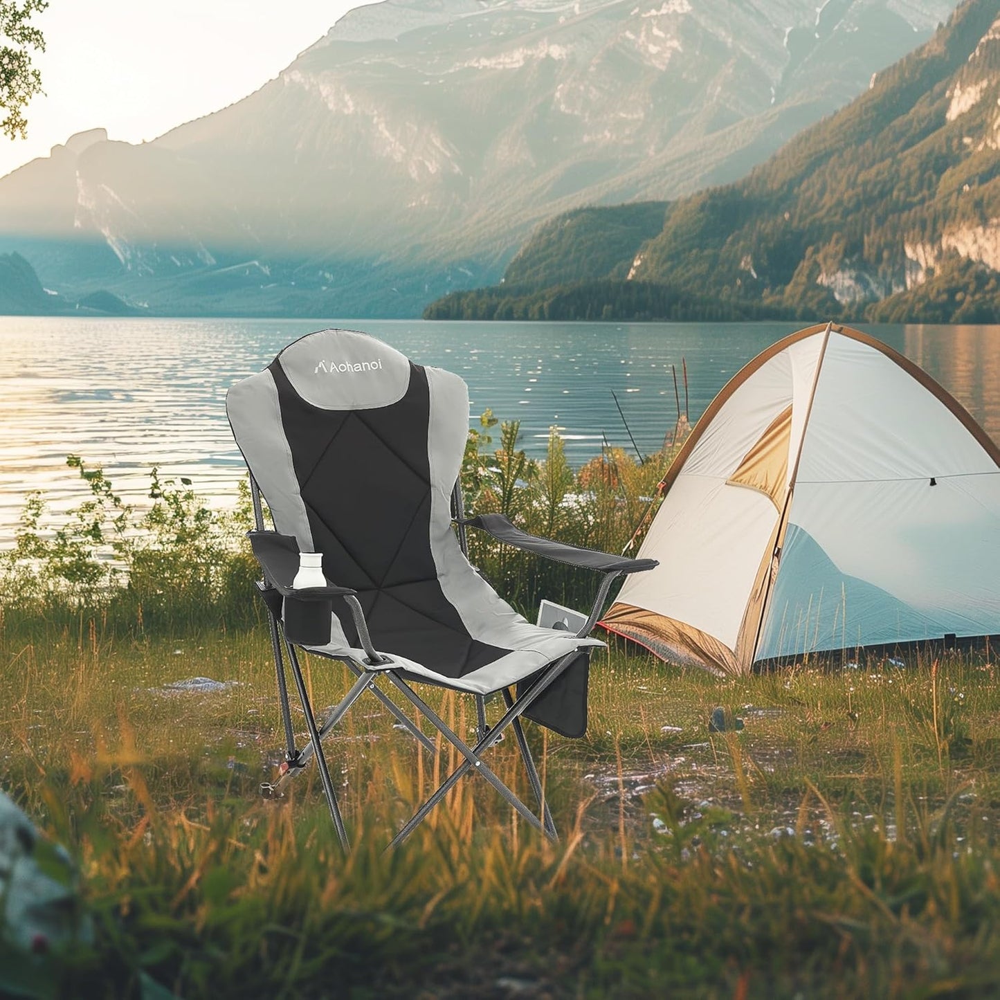 Camping Chairs, Portable 2 Pack Camp Chairs for Heavy People with Adjustable Angled Backrest, Outdoor Folding Camping Chairs for Outside Supports up to 350lbs, Carry Bag Included