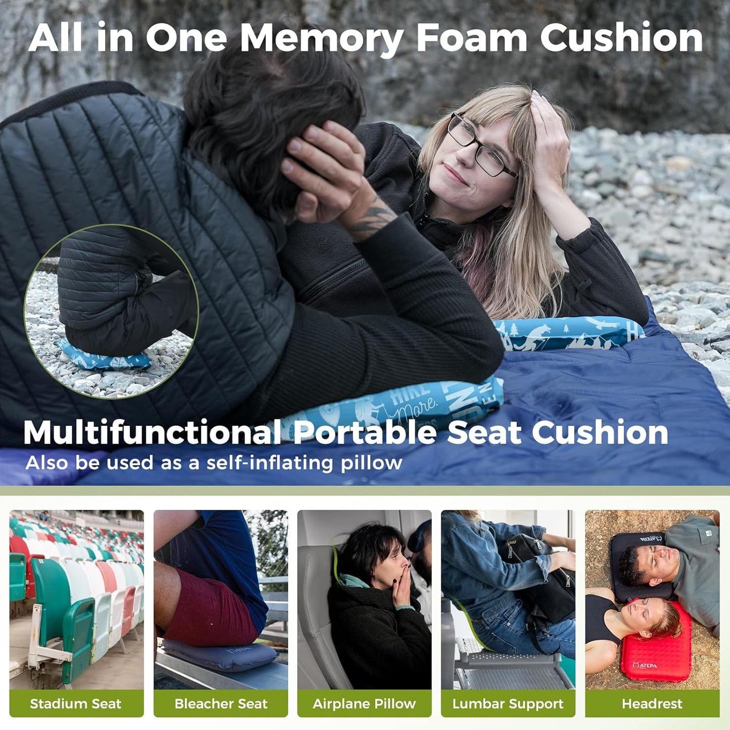 ATEPA Inflatable Stadium Seat Cushion, Self-Inflating Memory Foam Stadium Seats Bleacher Seat Chair Cushion Pad for Airplane Travel Backpacking Sports Events