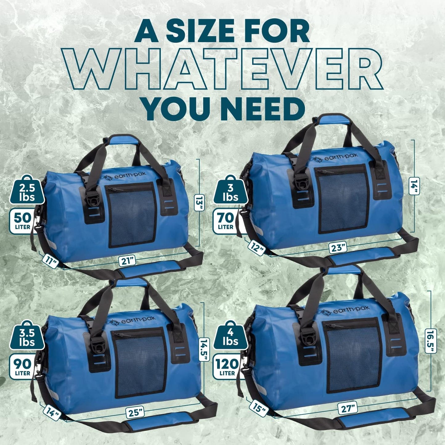 Earth Pak Waterproof Duffel Bag - Heavy Duty Motorcycle Dry Bag with Large Storage Space Perfect for Traveling, Camping, Kayaking, Fishing & Canoeing Bag 50L/70L/90L/120L Sizes