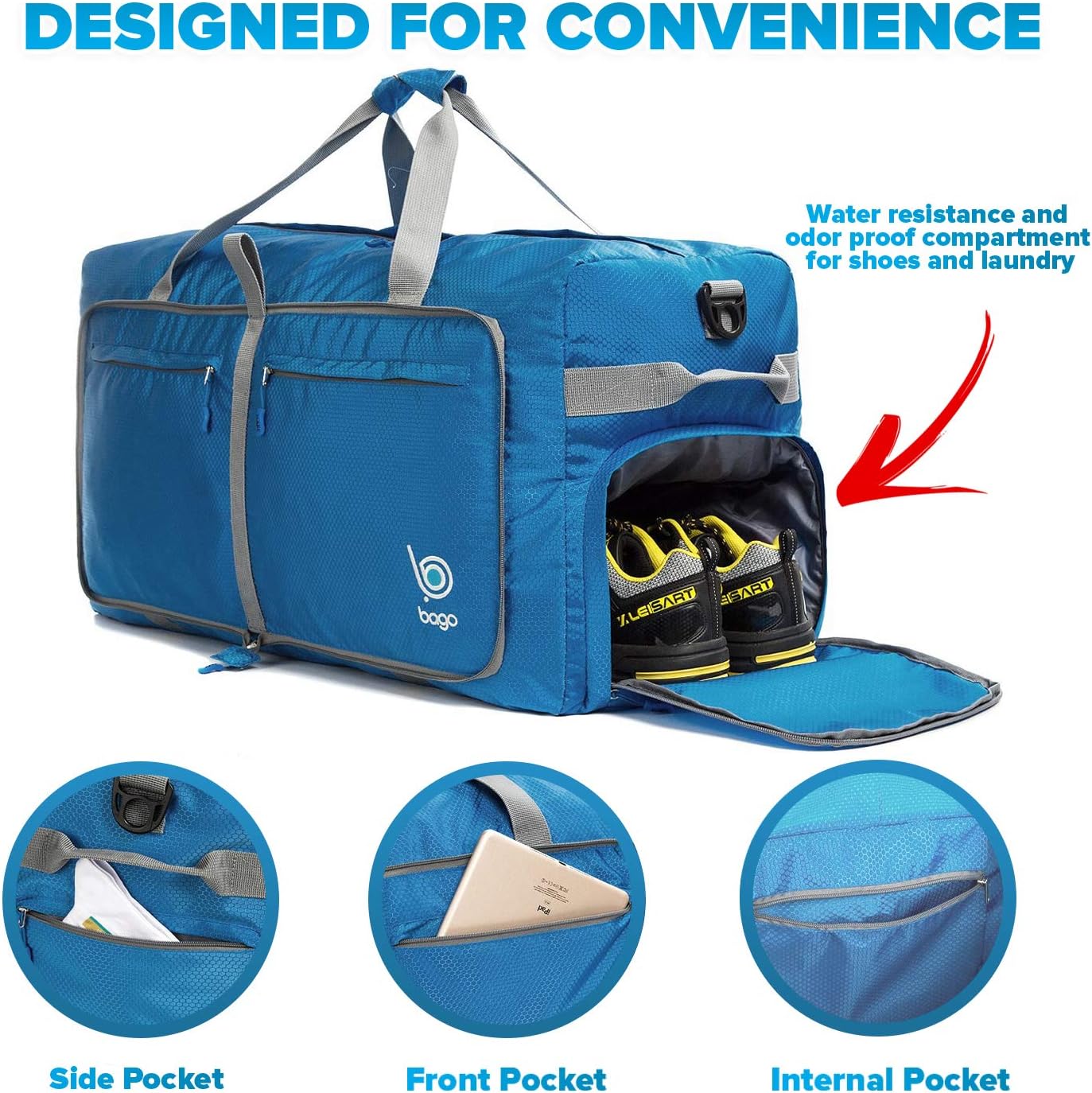 Bago Large Foldable Duffel Bags for Traveling Women & Men - 100L Packable Duffle Bag for Travel with Shoe Compartment - Water Repellant, Heavy Duty, Lightweight Folding & Collapsible (Blue)