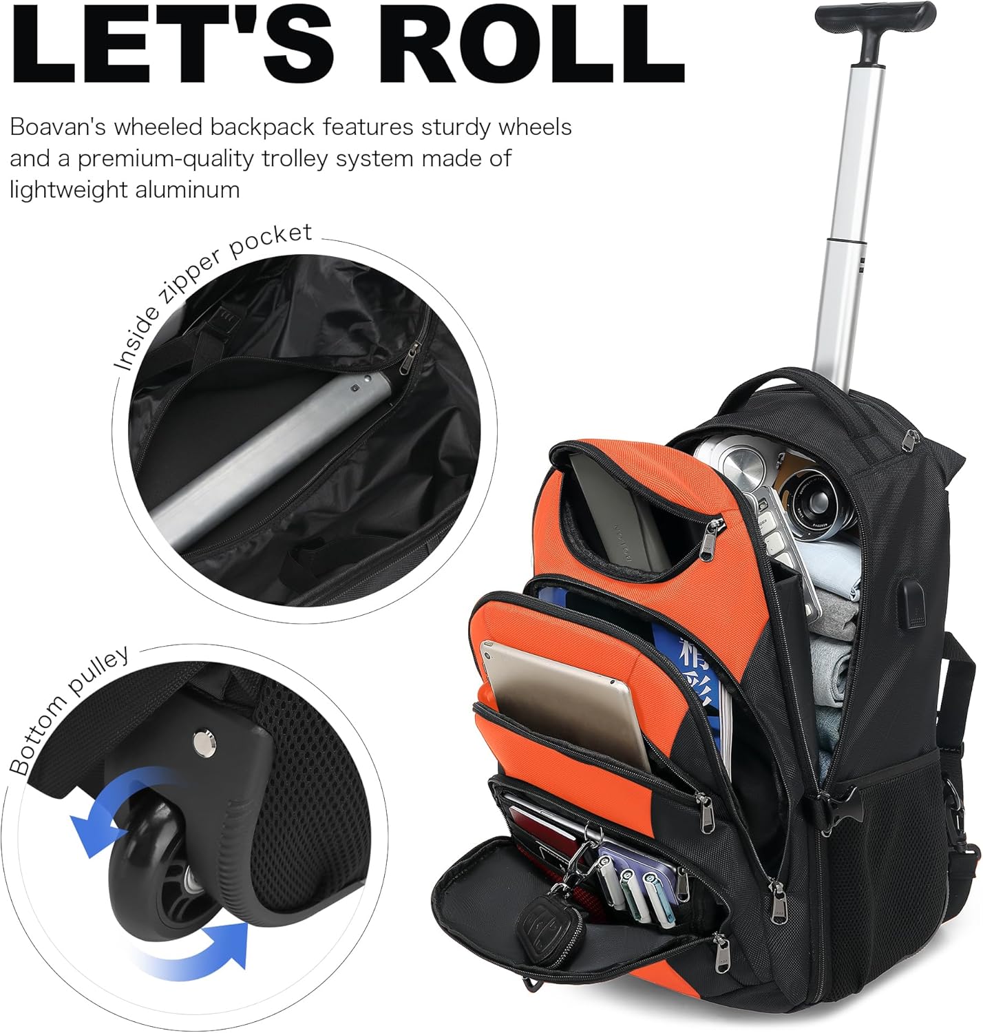 Boavan Rolling Backpack,17 inch Water Resistant Wheeled Backpack,Carry on Luggage Business Bag, Overnight College Computer bag Trolley Suitcase for Men Women Adults to Travel，Black&Orange