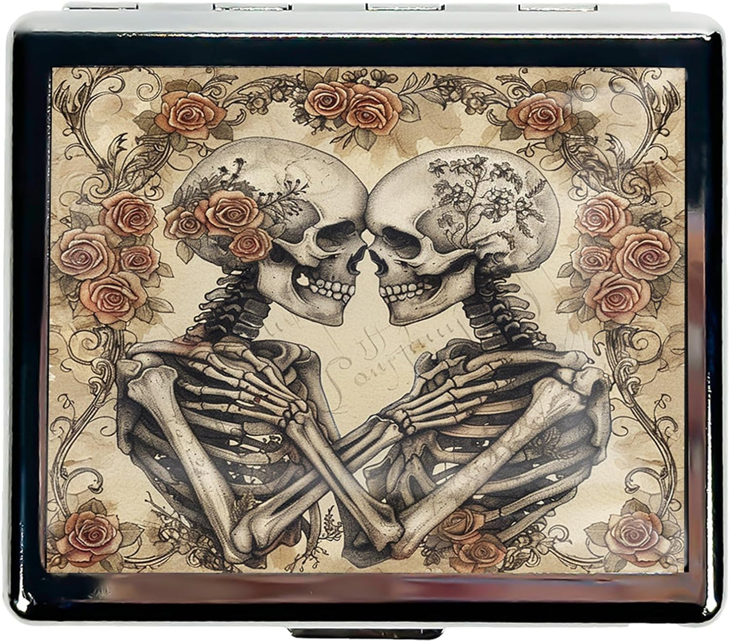 Cute and Stylish Metal Pill Box - Compact Portable Pill Organizer with 8 Compartments, Food-Grade Divider, Ideal for Travel, Vitamins, Jewelry, Cosmetics (Skull Bouquet)