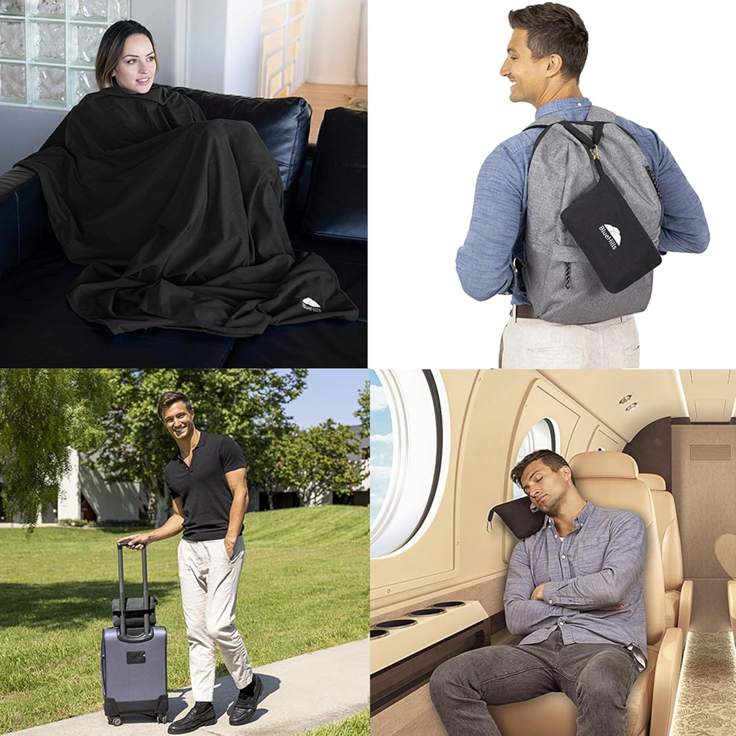 BlueHills Travel Blanket Pillow Compact Lightweight Pocket Size Airplane Traveling Essential Flight Trip Throw in Bag Portable Case Plane Accessory Black L05