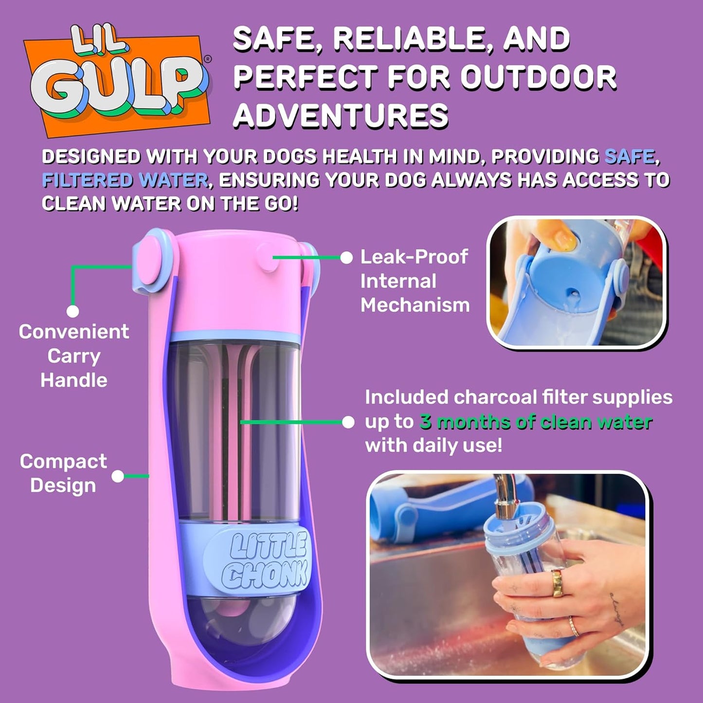 Lil Gulp Water Bottle | Advanced Carbon Filtration for Safe Filtered Water on The Go | BPA-Free Leak-Proof Portable Dog Travel Water Bottle with Retractable Water Spout, 15 Fl oz - Blue