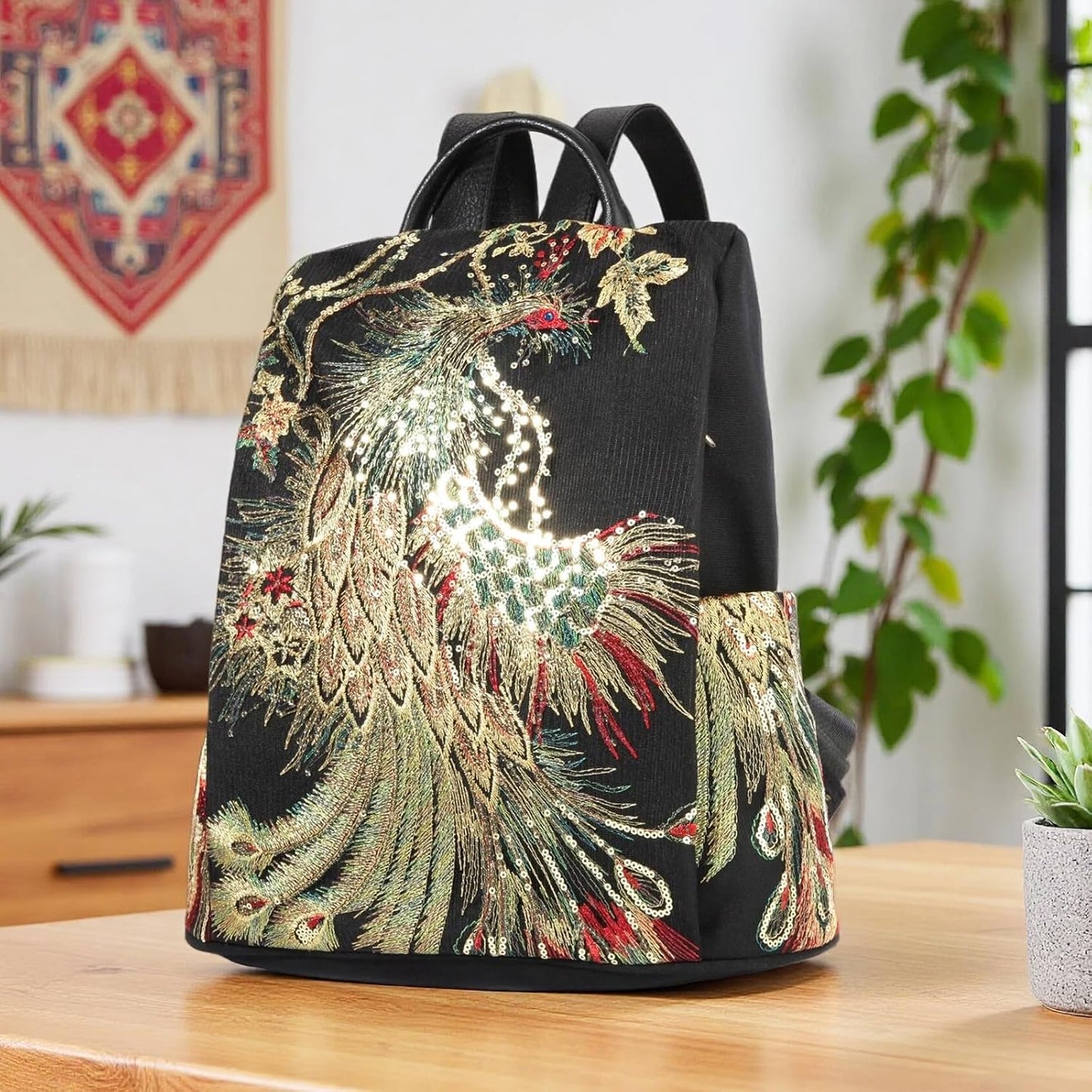 Jursccu Glitter Embroidery Women Backpack Purse, Fashion Canvas Travel Anti-theft Rucksack Shoulder Bag (Black)