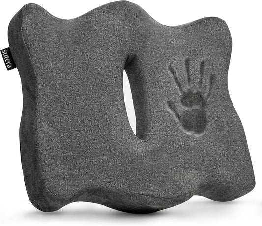 SUTERA Proper Posture Seat Cushion for Office Chair or Car Seat, Superior Memory Foam for Support and Back Pain Relief, Rubber Grips Underneath to Prevent Shifting (17.7x16x4.3 inches)