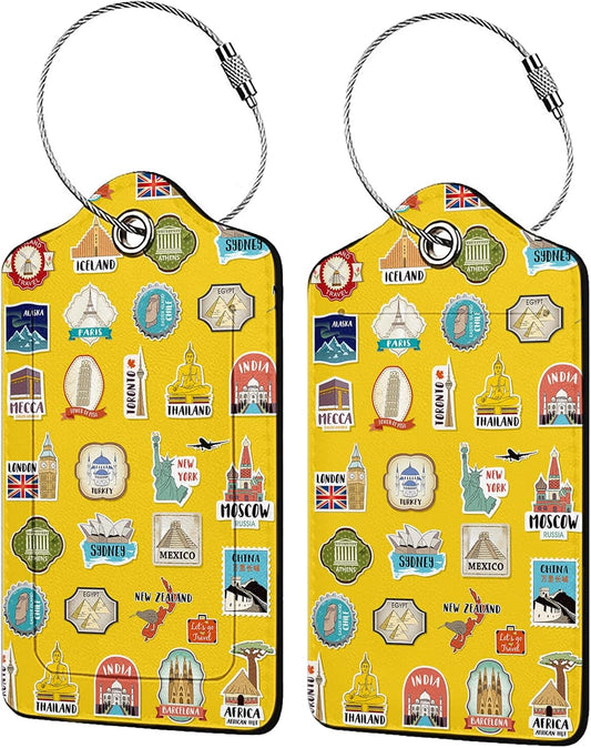 Travel Stamps Collection 2-Pack Luggage Tags for Suitcases,Leather Baggage Tag with Loop, Tags Private Name ID Labels for Women Girl Men Boys Travel Baggage Suitcase