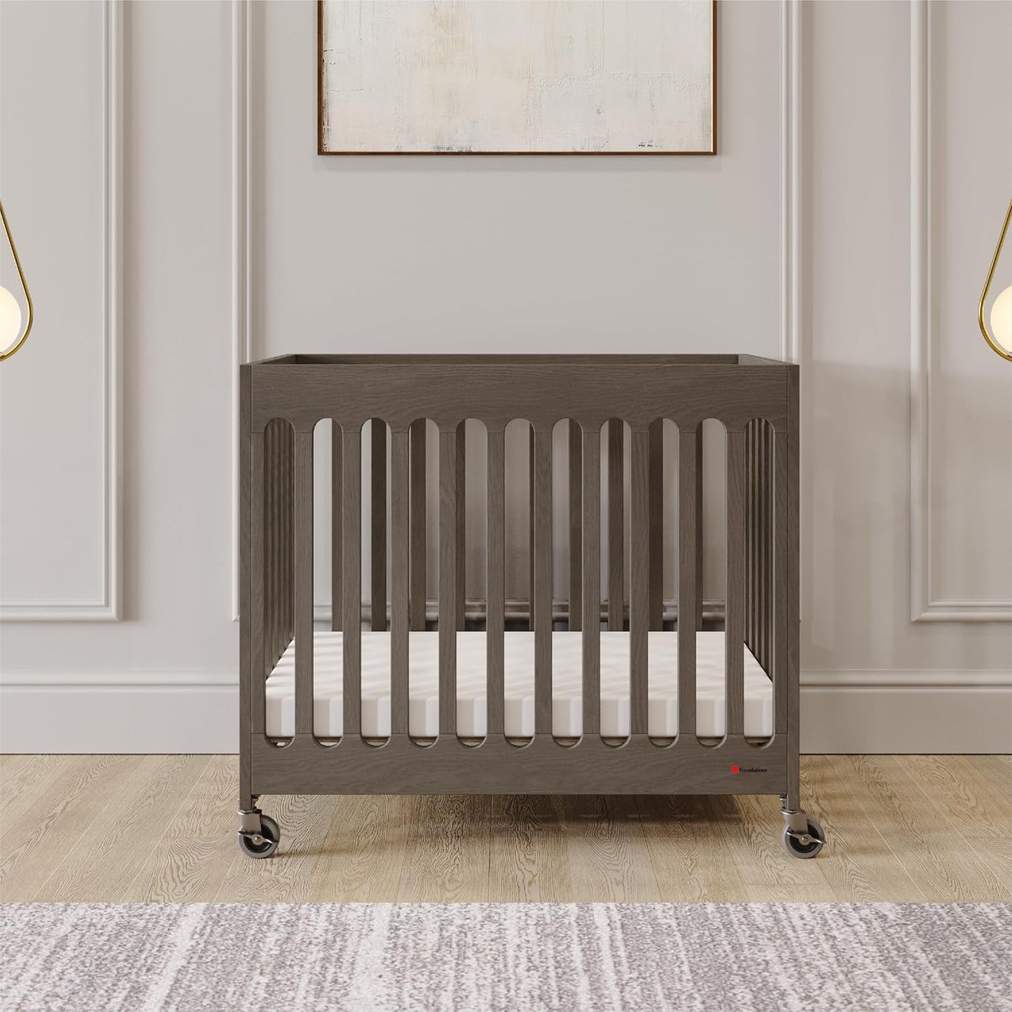 Foundations Boutique Folding Hotel Crib and Sheet Bundle - Includes Wooden Mini Crib with 3" Foam Mattress (Gray) and 6-Pack White Fitted Compact Sheets