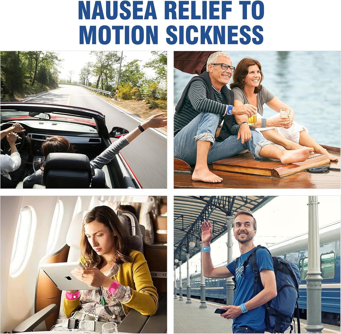 Motion Sickness Bands Anti Nausea Wristband for Adult and Kids Morning Sickness Relief for Pregnant Women Acupressure Nausea Relief for Car, Sea, Air Sickness - 2 Pairs Blue, Blue
