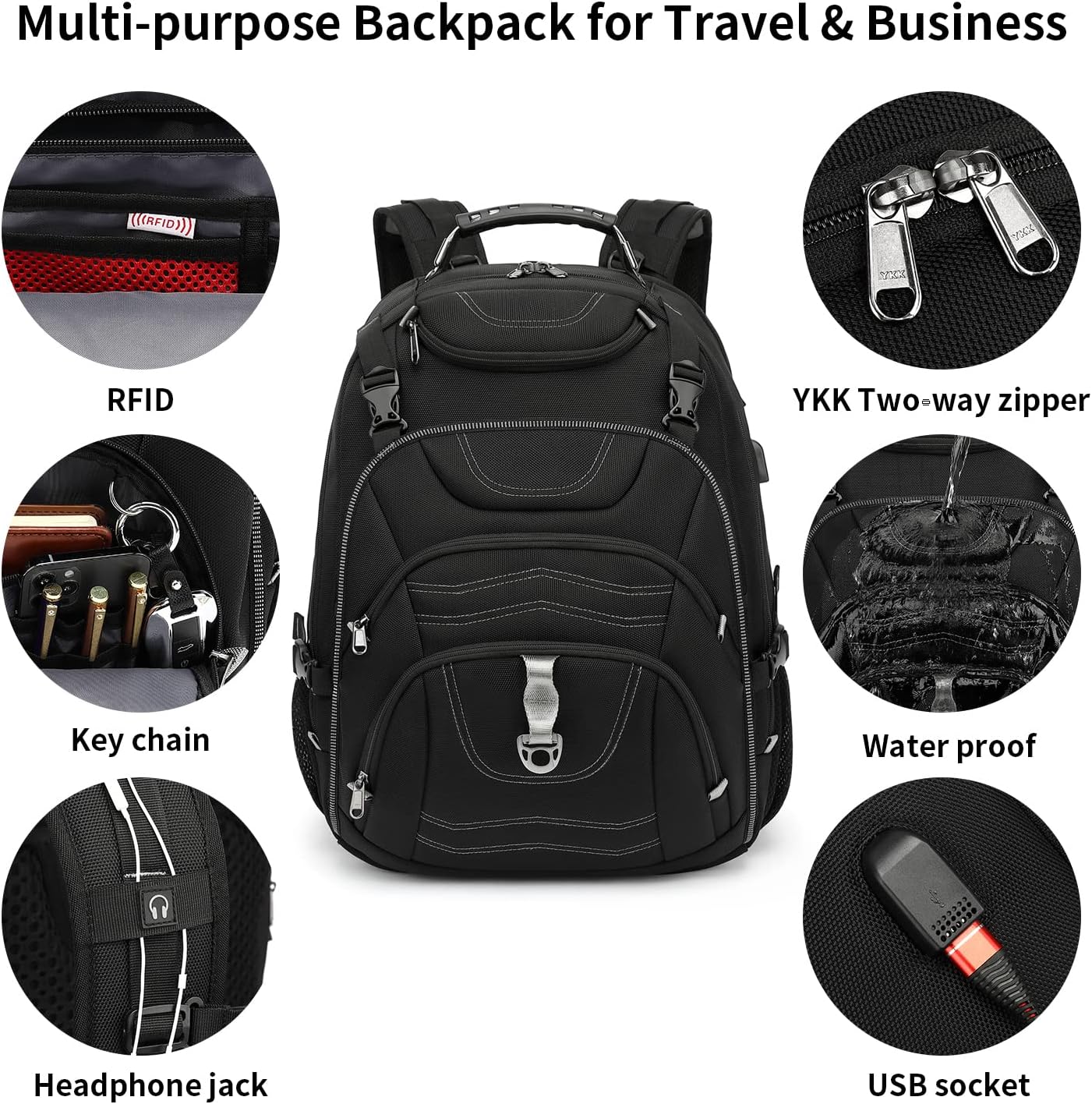 Boniyee Travel Backpack 17.3 Inch, Business Anti-Theft Laptop Bag with USB Charging Port, Waterproof