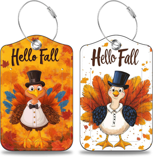 Hello Fall Turkey Set of 2 Luggage Tags for Suitcases Leather Suitcase Tags Identifiers with Privacy Name Address Label and Stainless Steel Loop for Women Men Travel Luggage Accessories